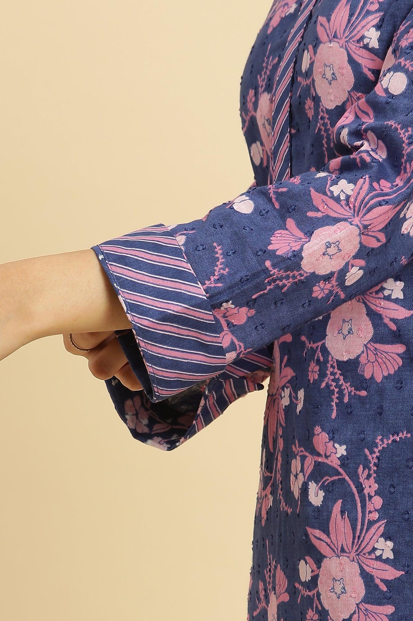 Navy Blue Floral Printed Kurta And Stripe Pants Set - Image 7