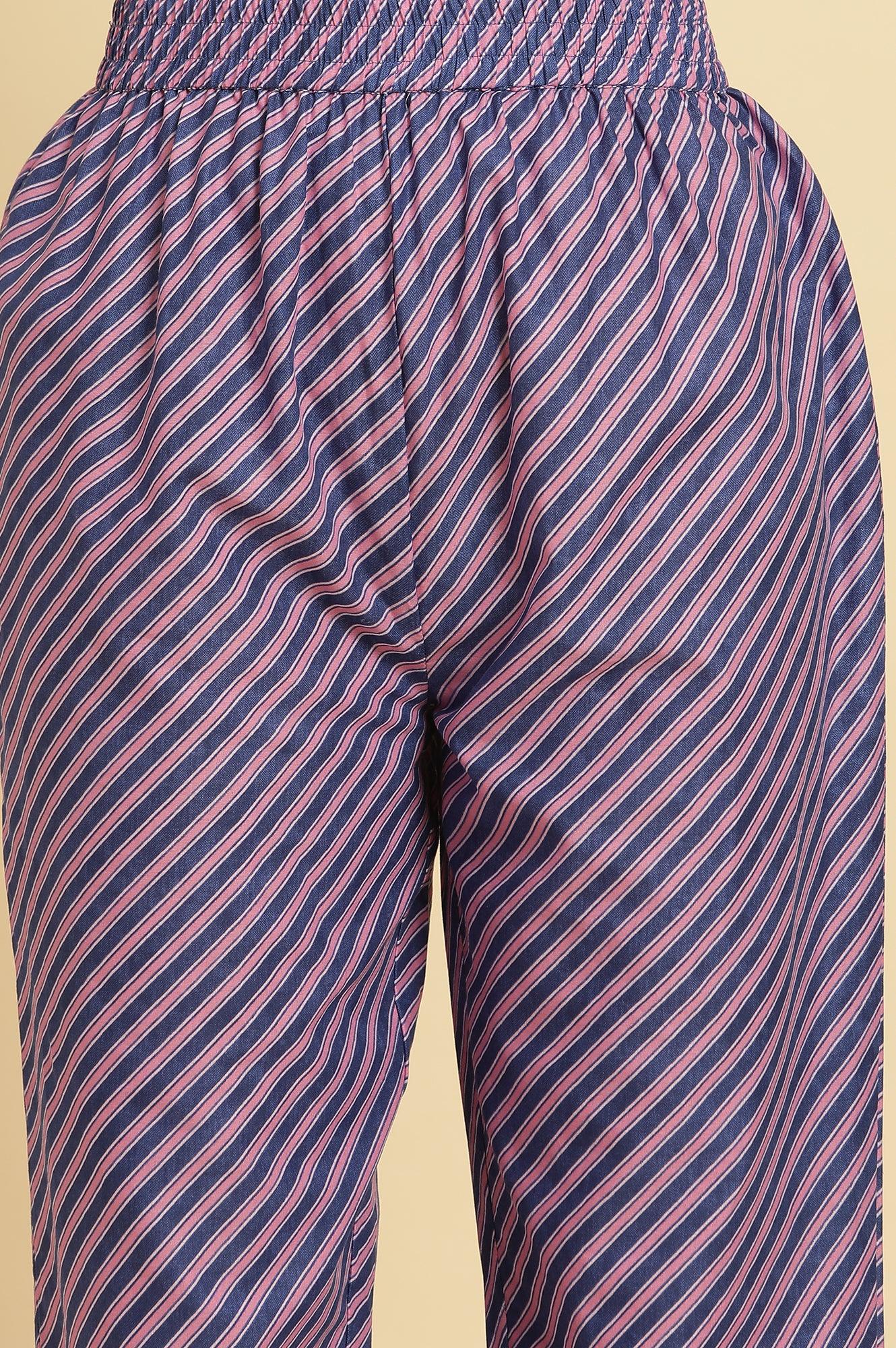 Navy Blue Floral Printed Kurta And Stripe Pants Set - Image 8