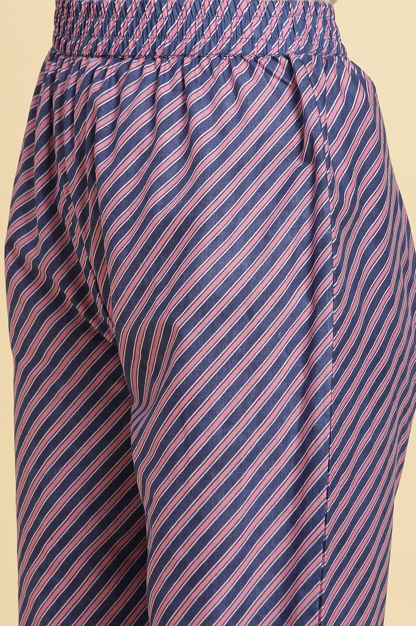 Navy Blue Floral Printed Kurta And Stripe Pants Set - Image 9