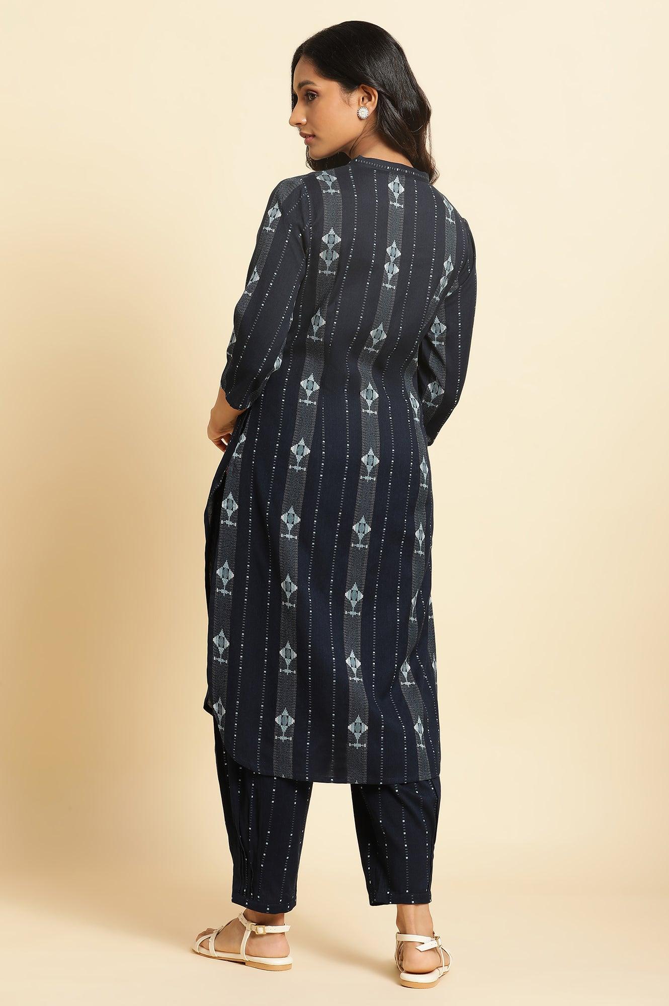 Navy Blue Printed Cotton Kurta and Pleated Pants Set - Image 3