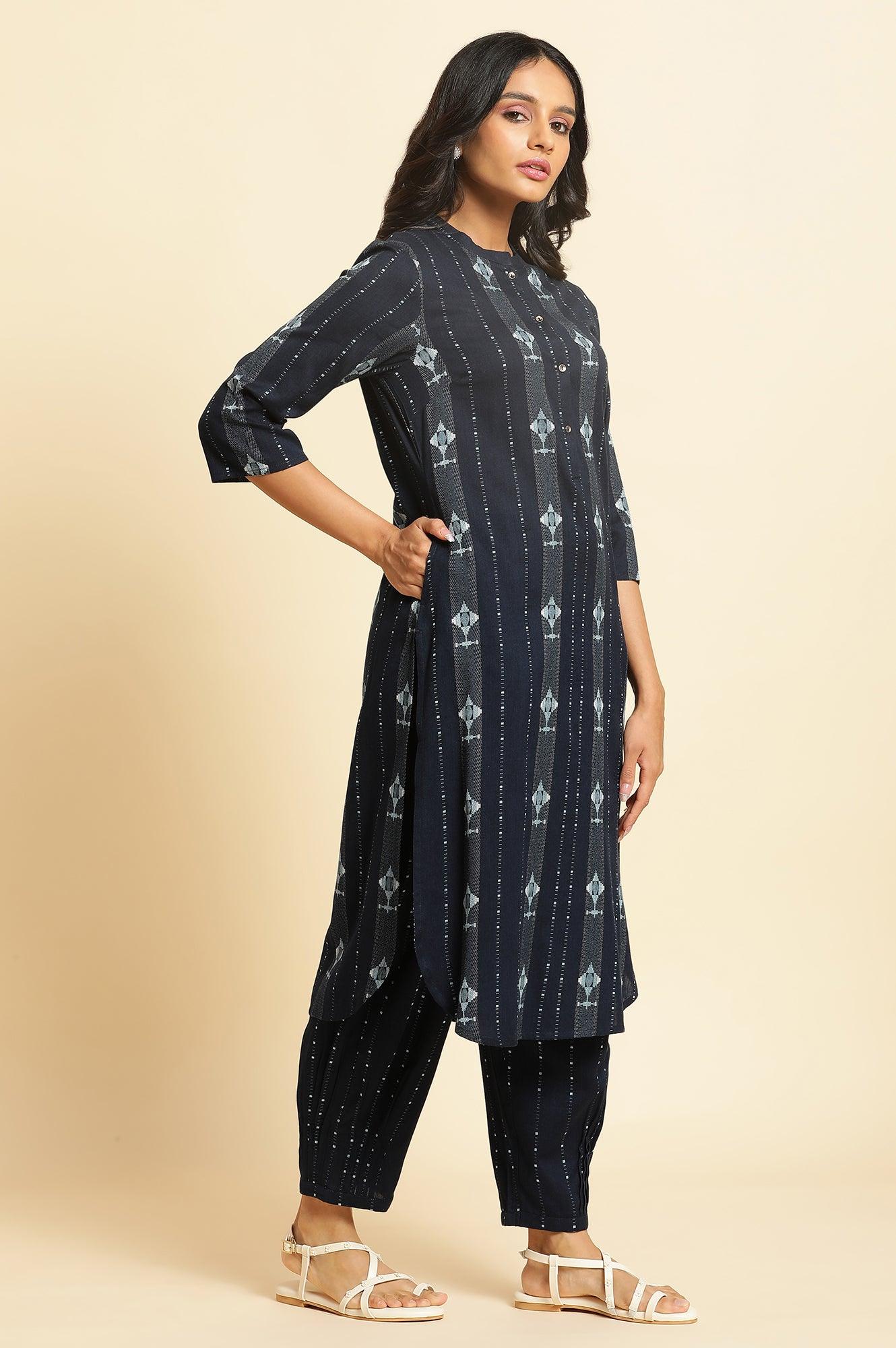 Navy Blue Printed Cotton Kurta and Pleated Pants Set - Image 4