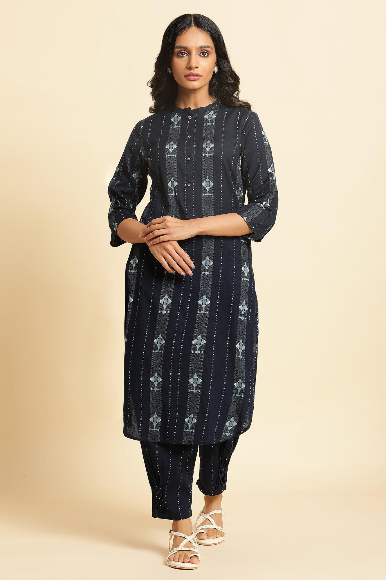 Navy Blue Printed Cotton Kurta and Pleated Pants Set - Image 5