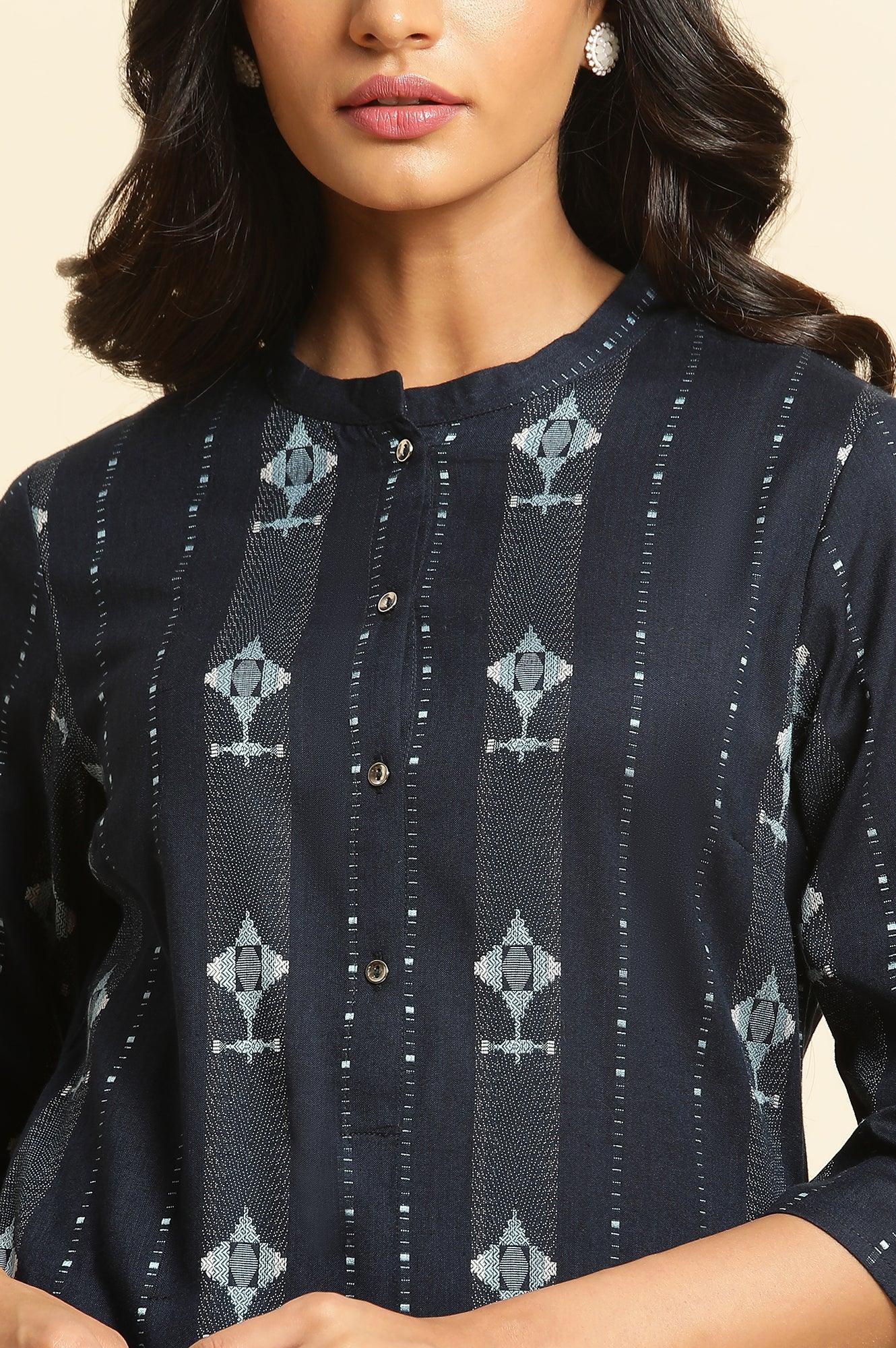 Navy Blue Printed Cotton Kurta and Pleated Pants Set - Image 6