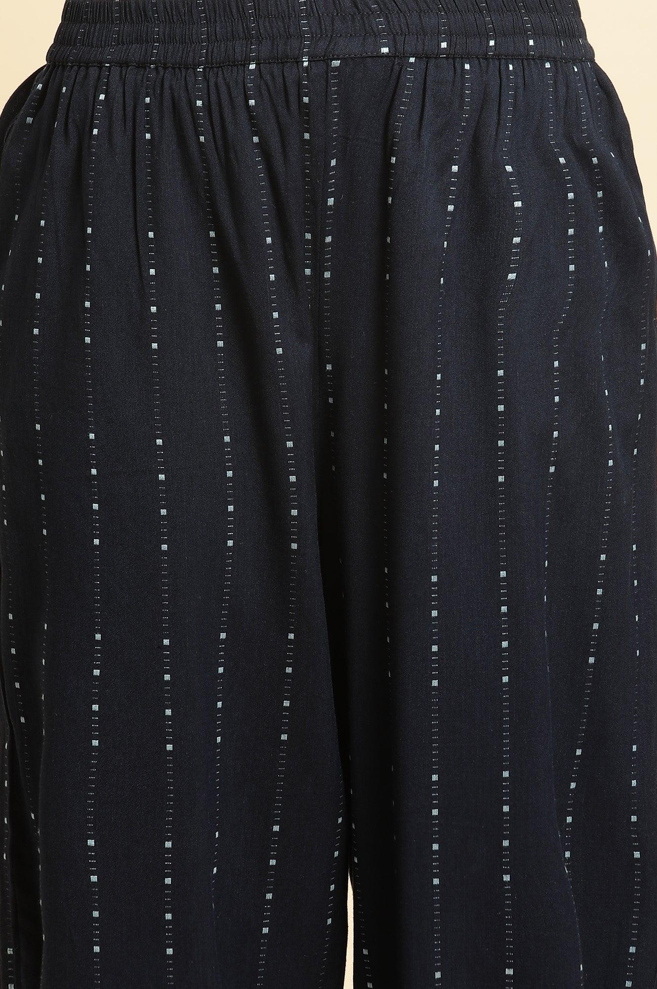 Navy Blue Printed Cotton Kurta and Pleated Pants Set - Image 8