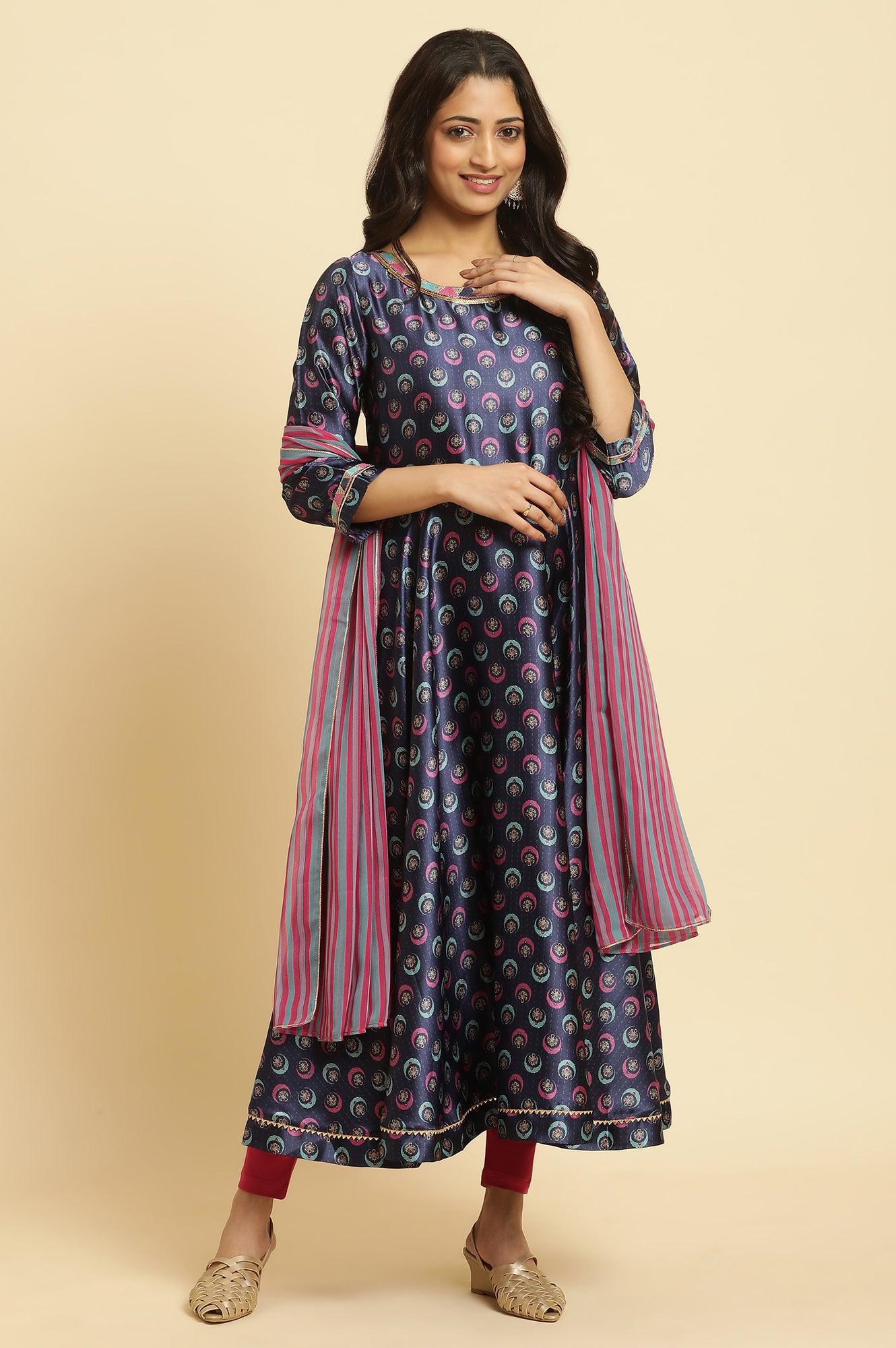 Navy Blue Floral Printed Satin Anarkali Kurta and Leggings Set with Dupatta - Image 3