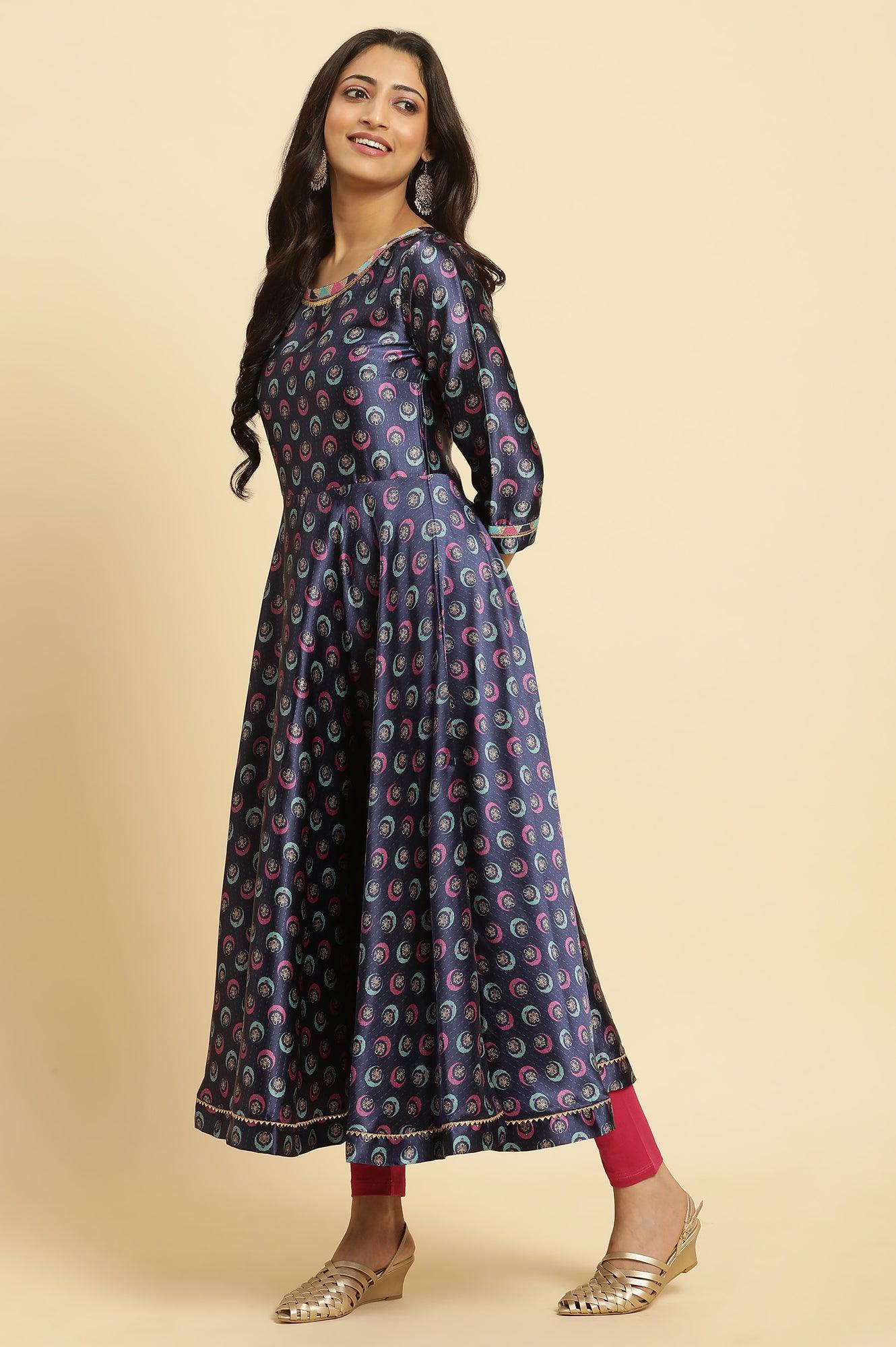Navy Blue Floral Printed Satin Anarkali Kurta and Leggings Set with Dupatta - Image 4