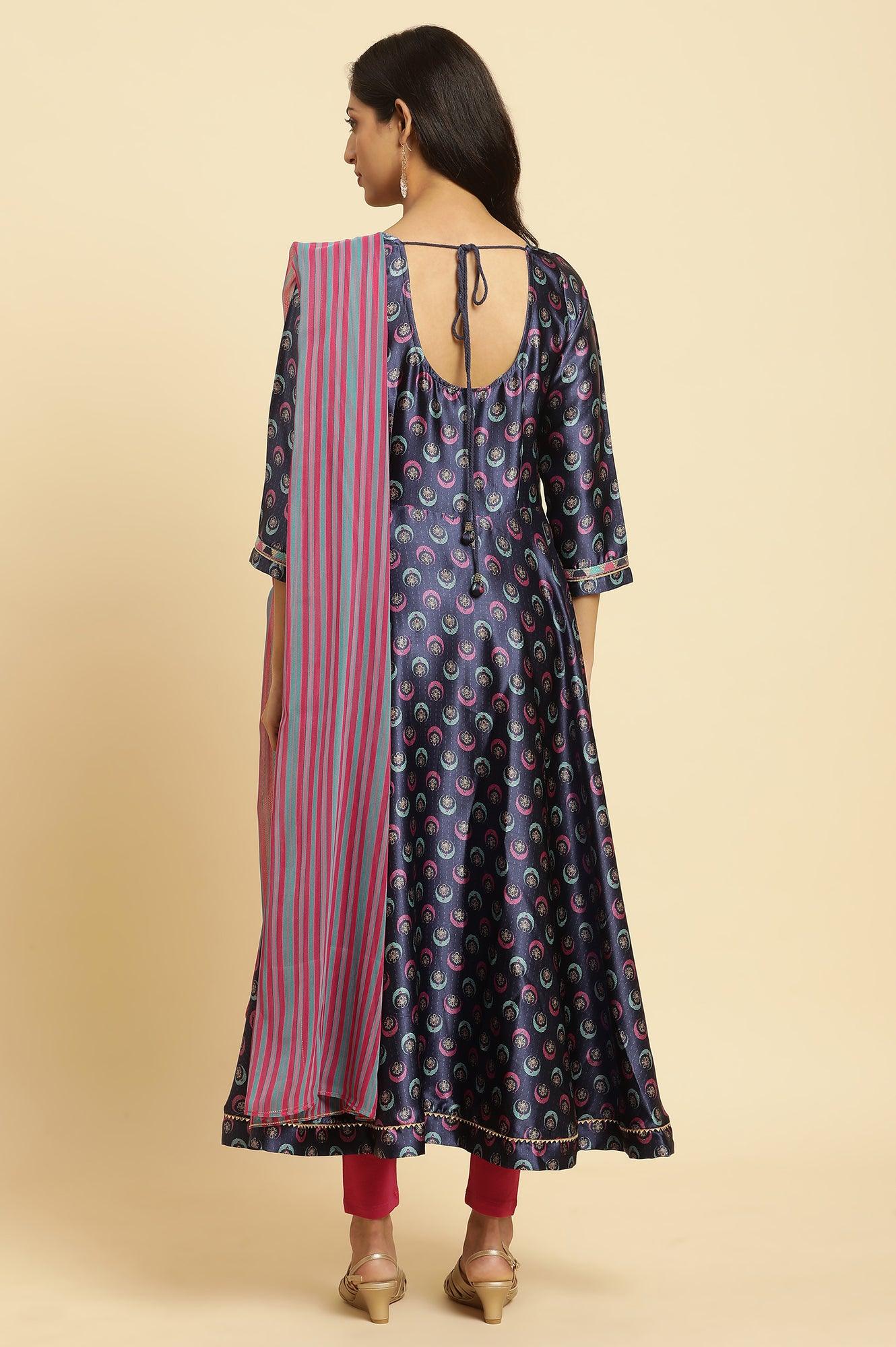 Navy Blue Floral Printed Satin Anarkali Kurta and Leggings Set with Dupatta - Image 5