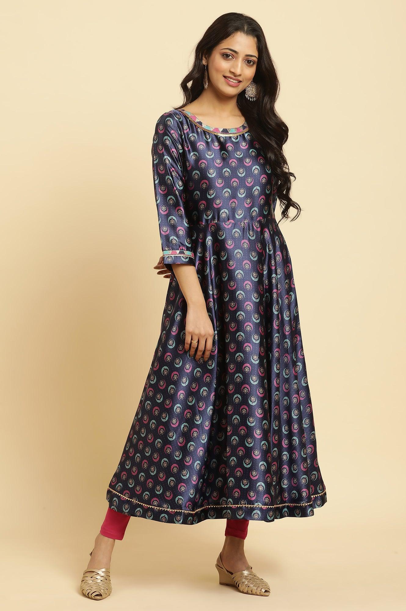 Navy Blue Floral Printed Satin Anarkali Kurta and Leggings Set with Dupatta - Image 6