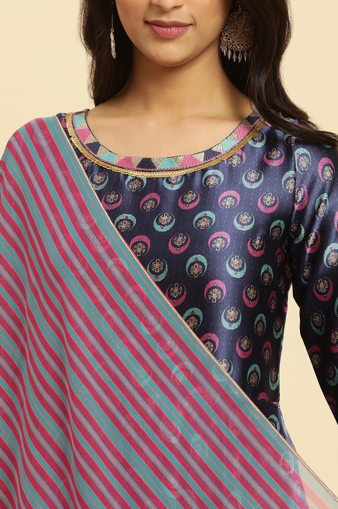 Navy Blue Floral Printed Satin Anarkali Kurta and Leggings Set with Dupatta - Image 7
