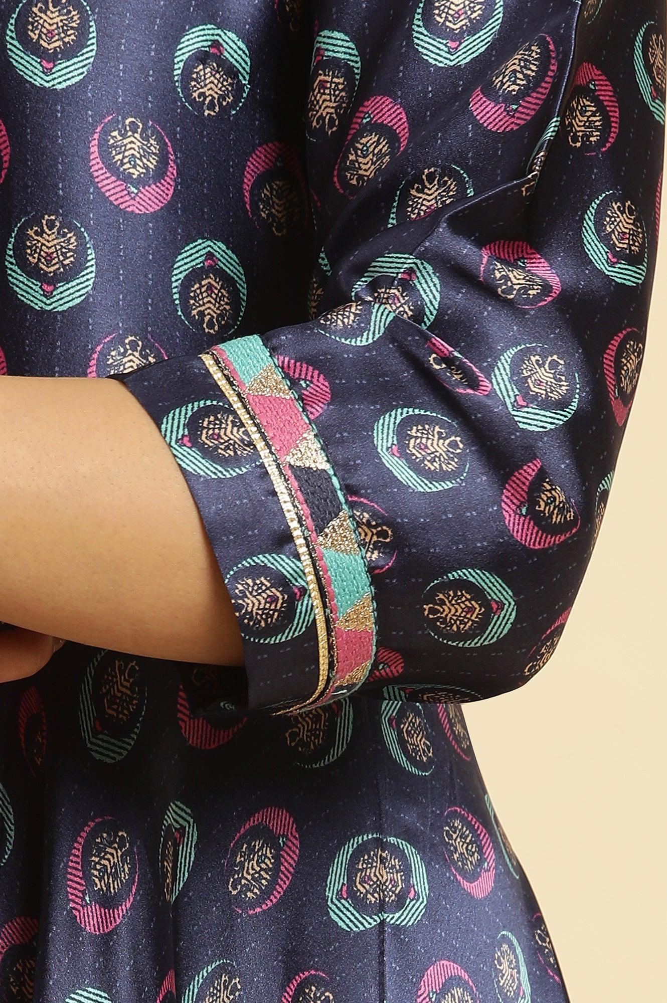 Navy Blue Floral Printed Satin Anarkali Kurta and Leggings Set with Dupatta - Image 8