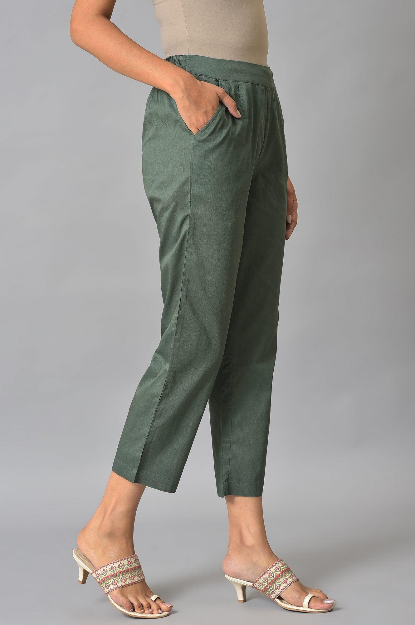 Olive Green Solid Cotton Straight Pants - Image 4