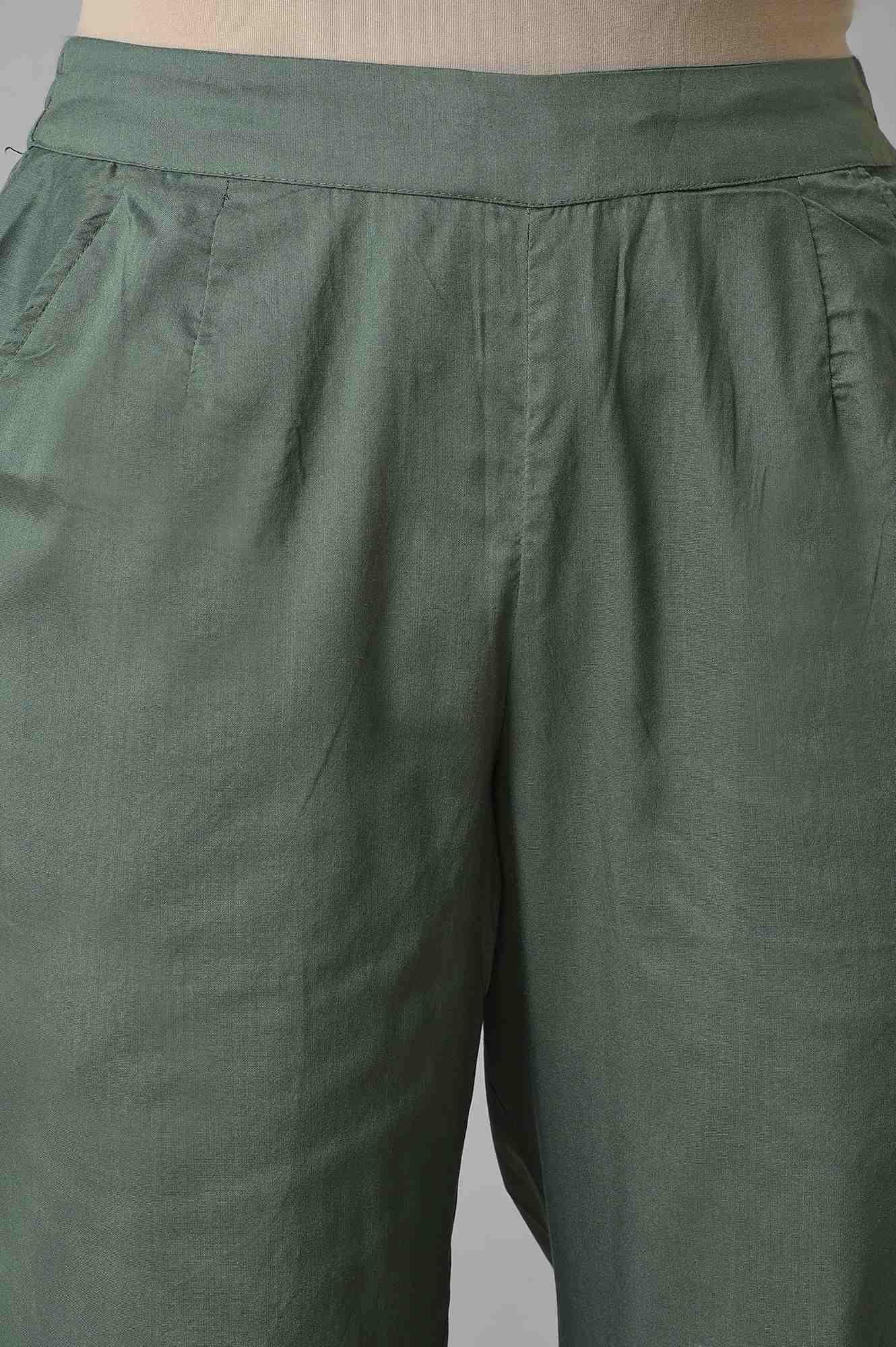 Olive Green Solid Cotton Straight Pants - Image 6