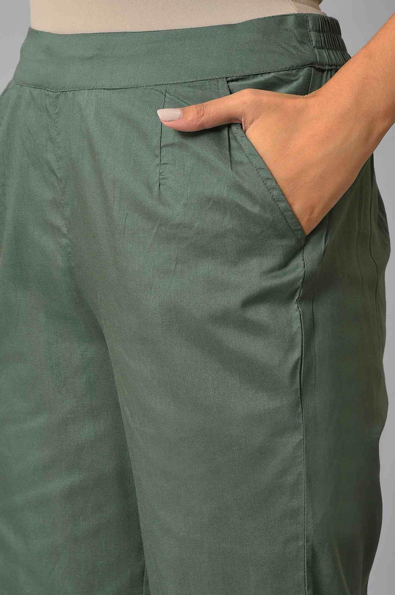Olive Green Solid Cotton Straight Pants - Image 7
