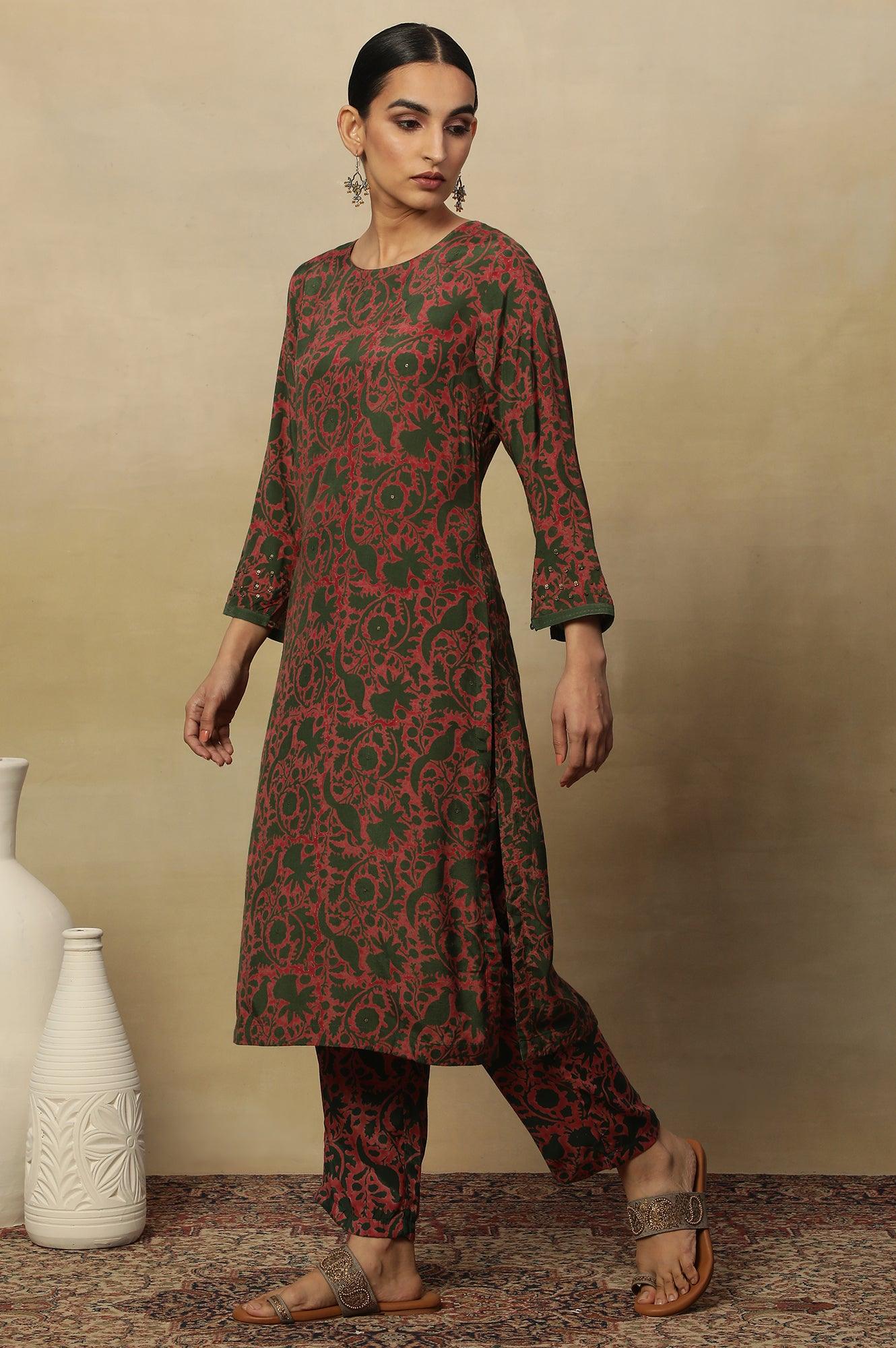 Pink Bicolor Block Printed Round Neck Kurta - Image 3