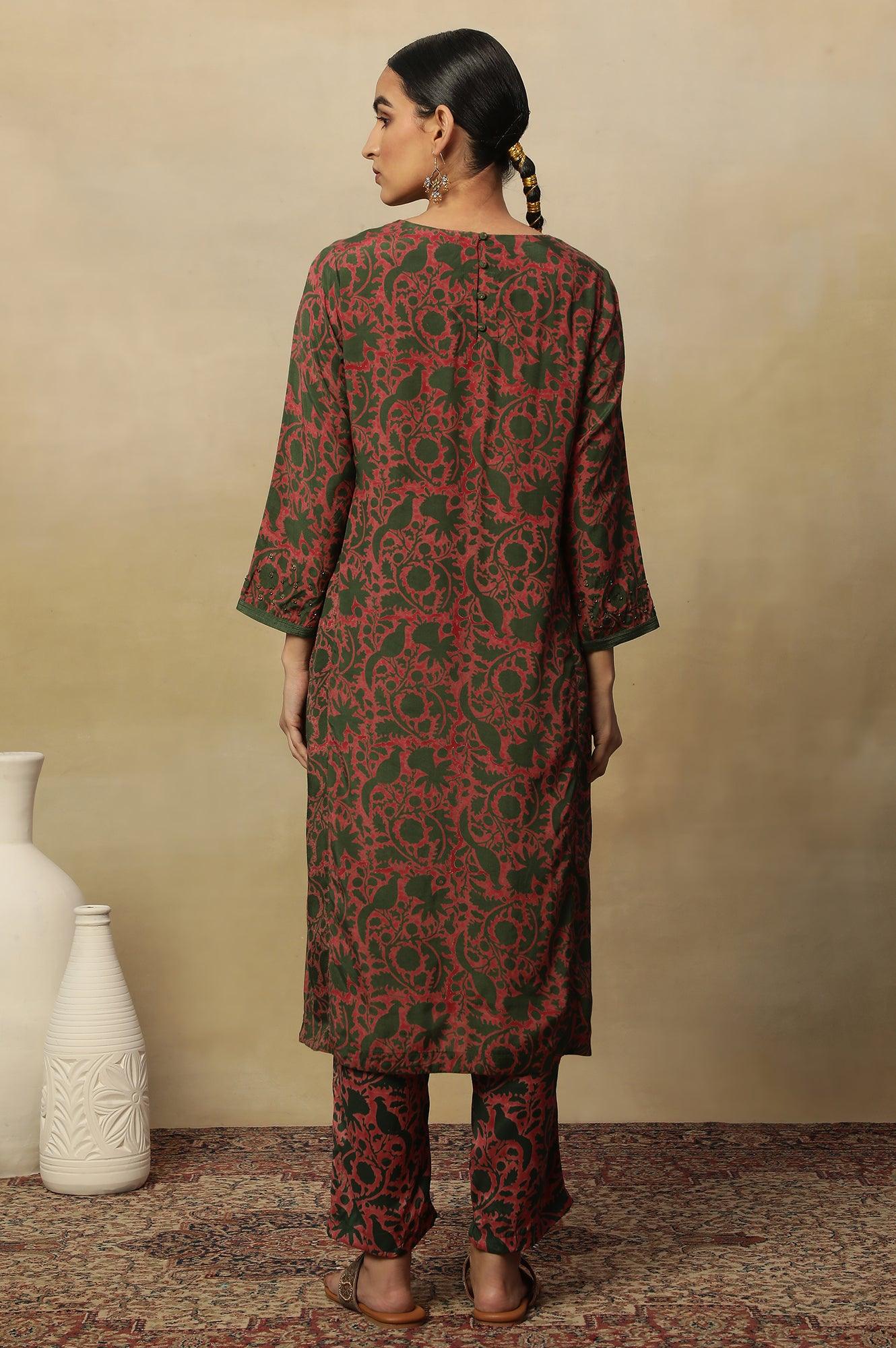 Pink Bicolor Block Printed Round Neck Kurta - Image 4