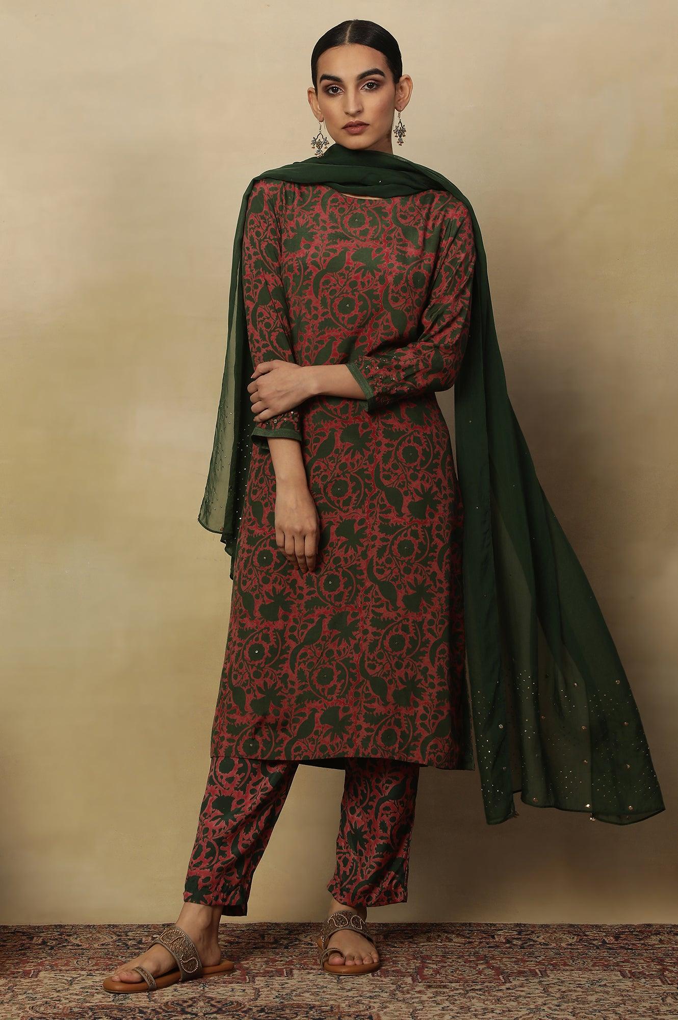 Pink Bicolor Block Printed Round Neck Kurta - Image 6