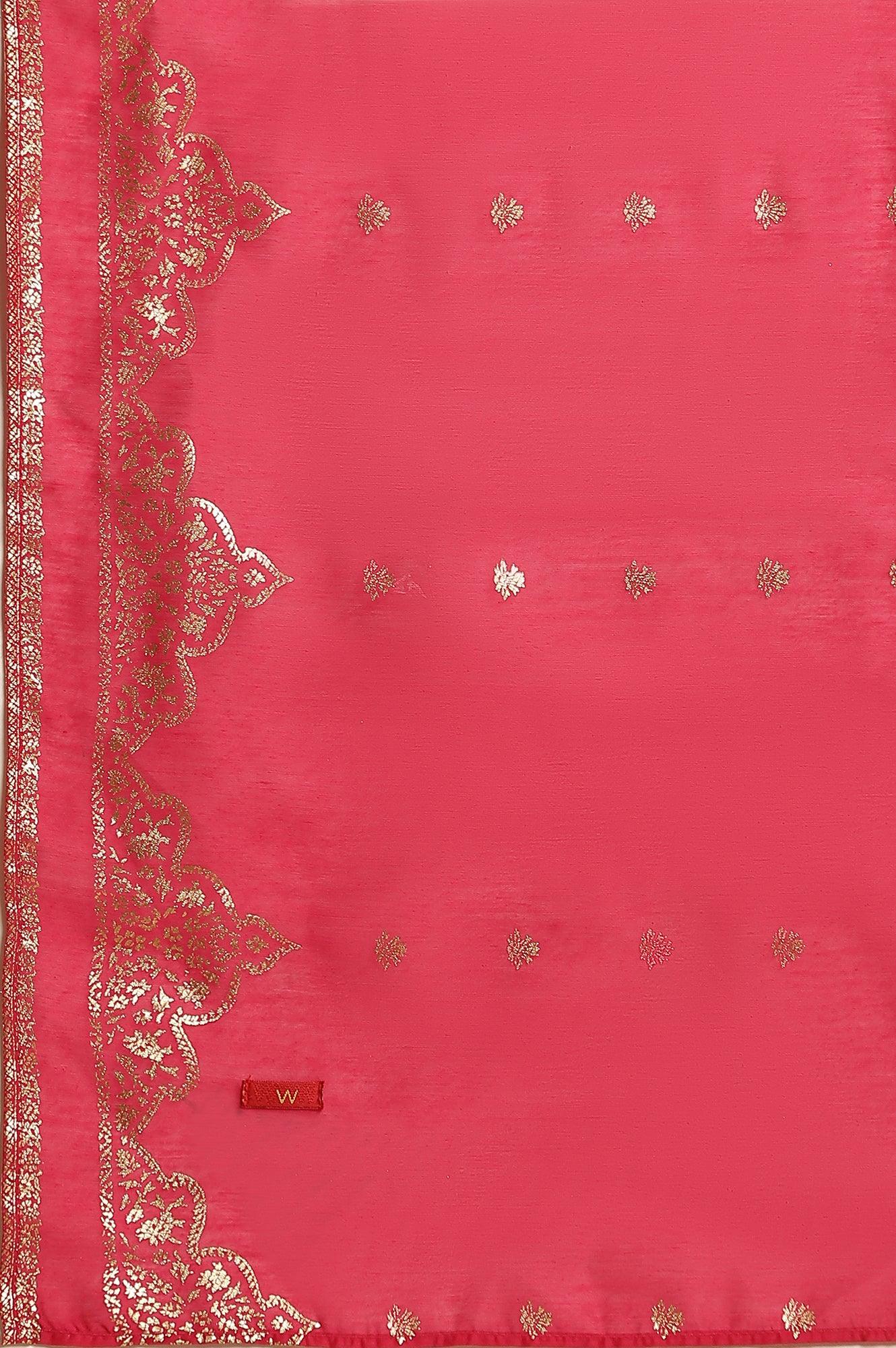 Pink Flared Embroidered Kurta, Pants And Dupatta Set - Image 10