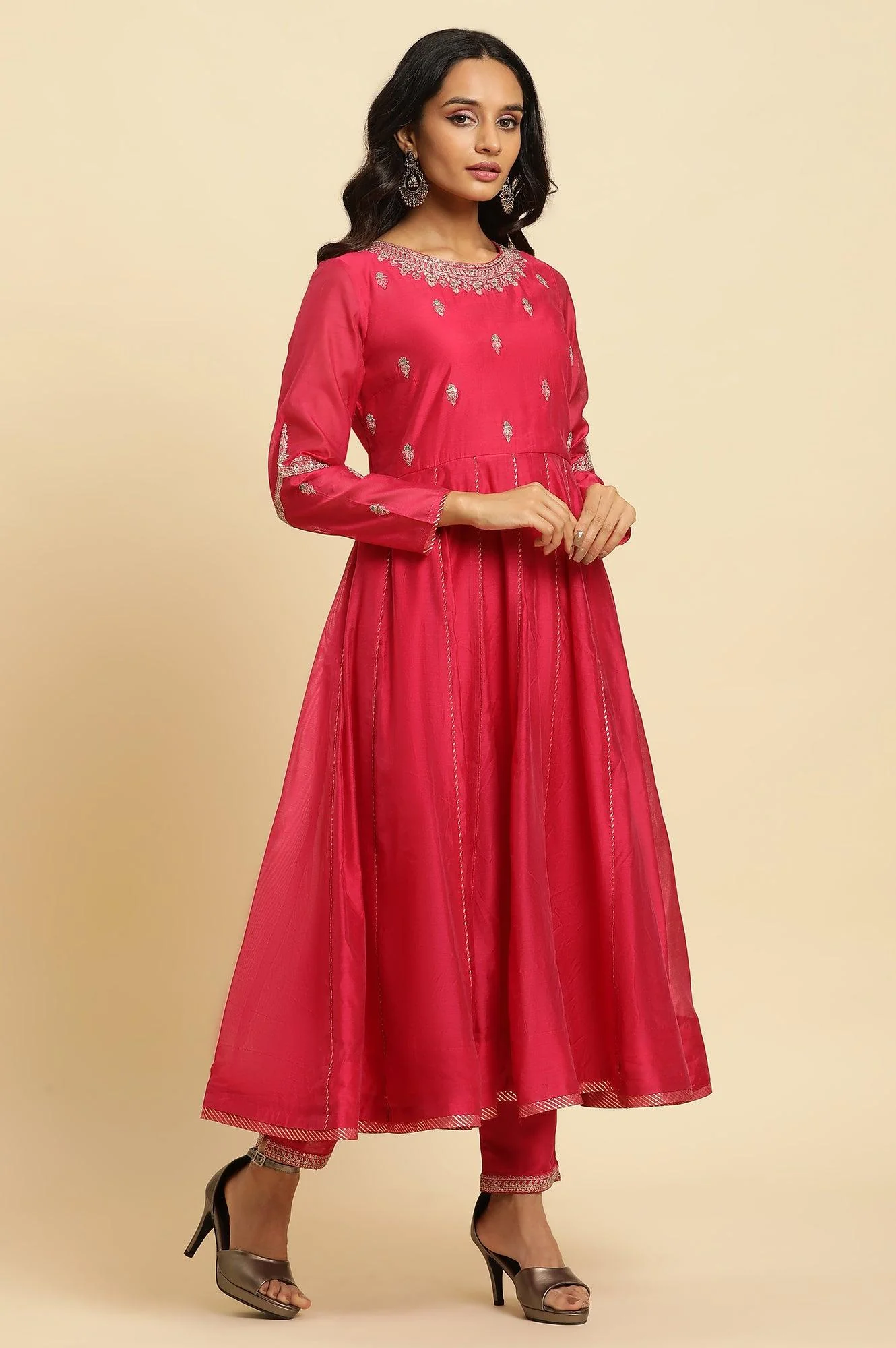 Pink Flared Embroidered Kurta, Pants And Dupatta Set - Image 3