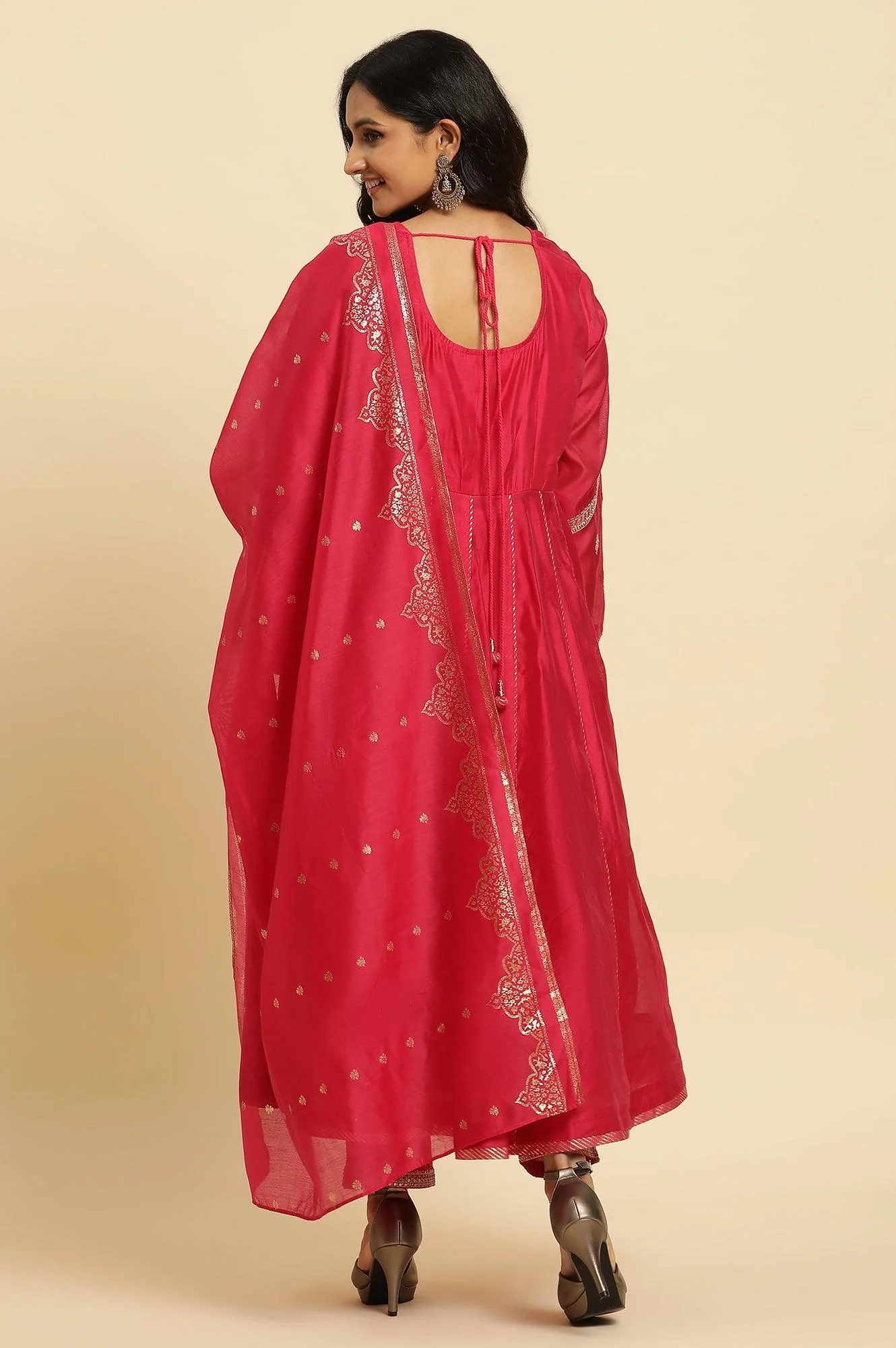 Pink Flared Embroidered Kurta, Pants And Dupatta Set - Image 4