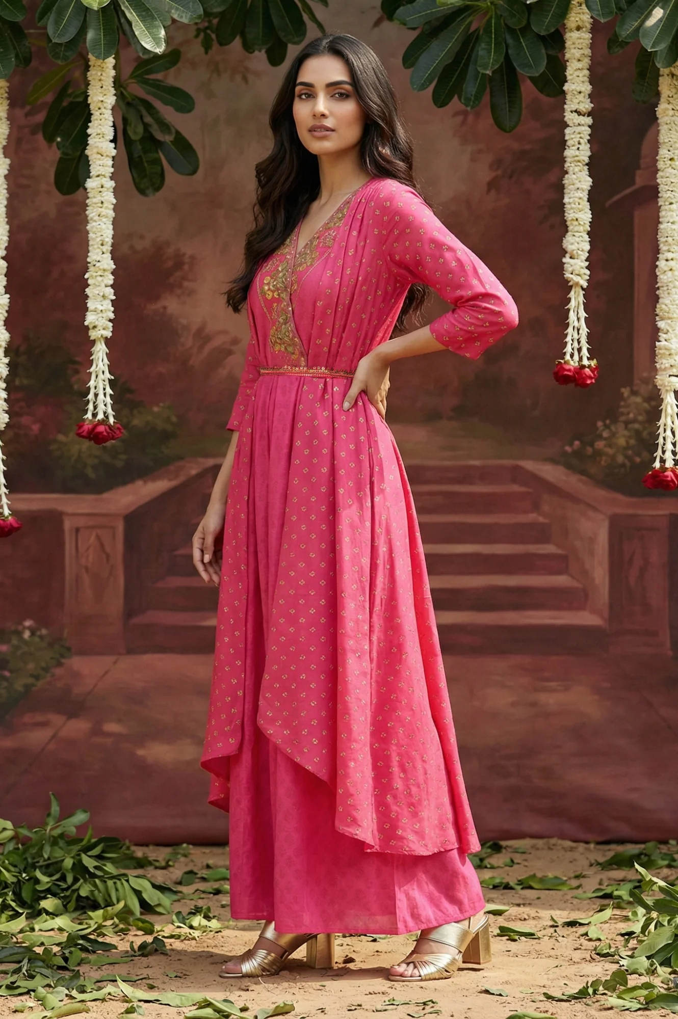 Pink Printed Draped Jumpsuit With Embroidered Belt - Image 3