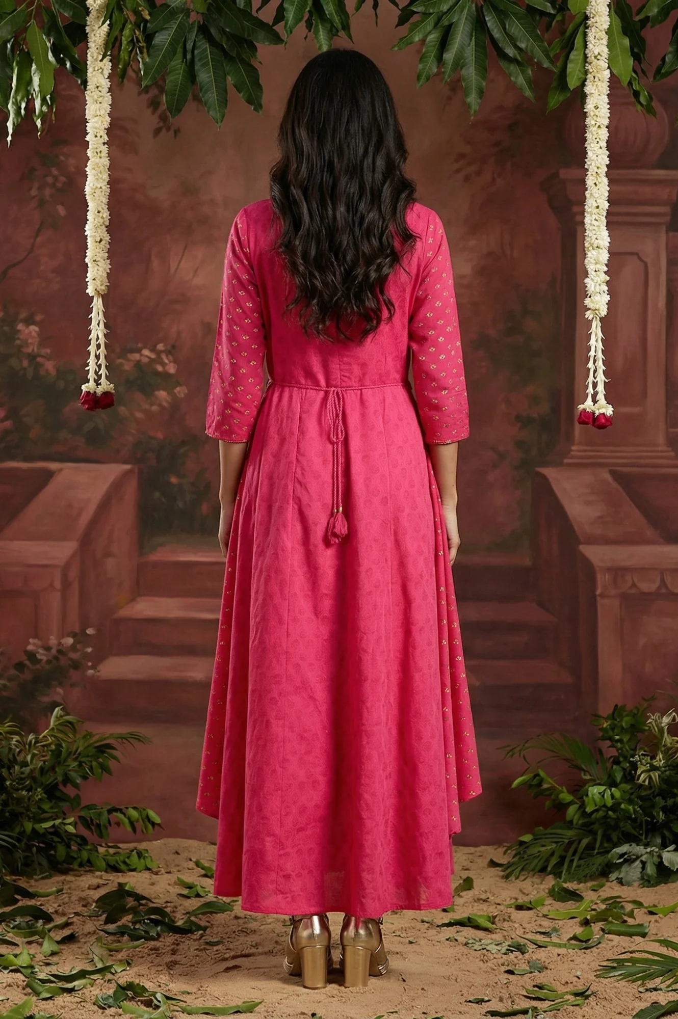 Pink Printed Draped Jumpsuit With Embroidered Belt - Image 4