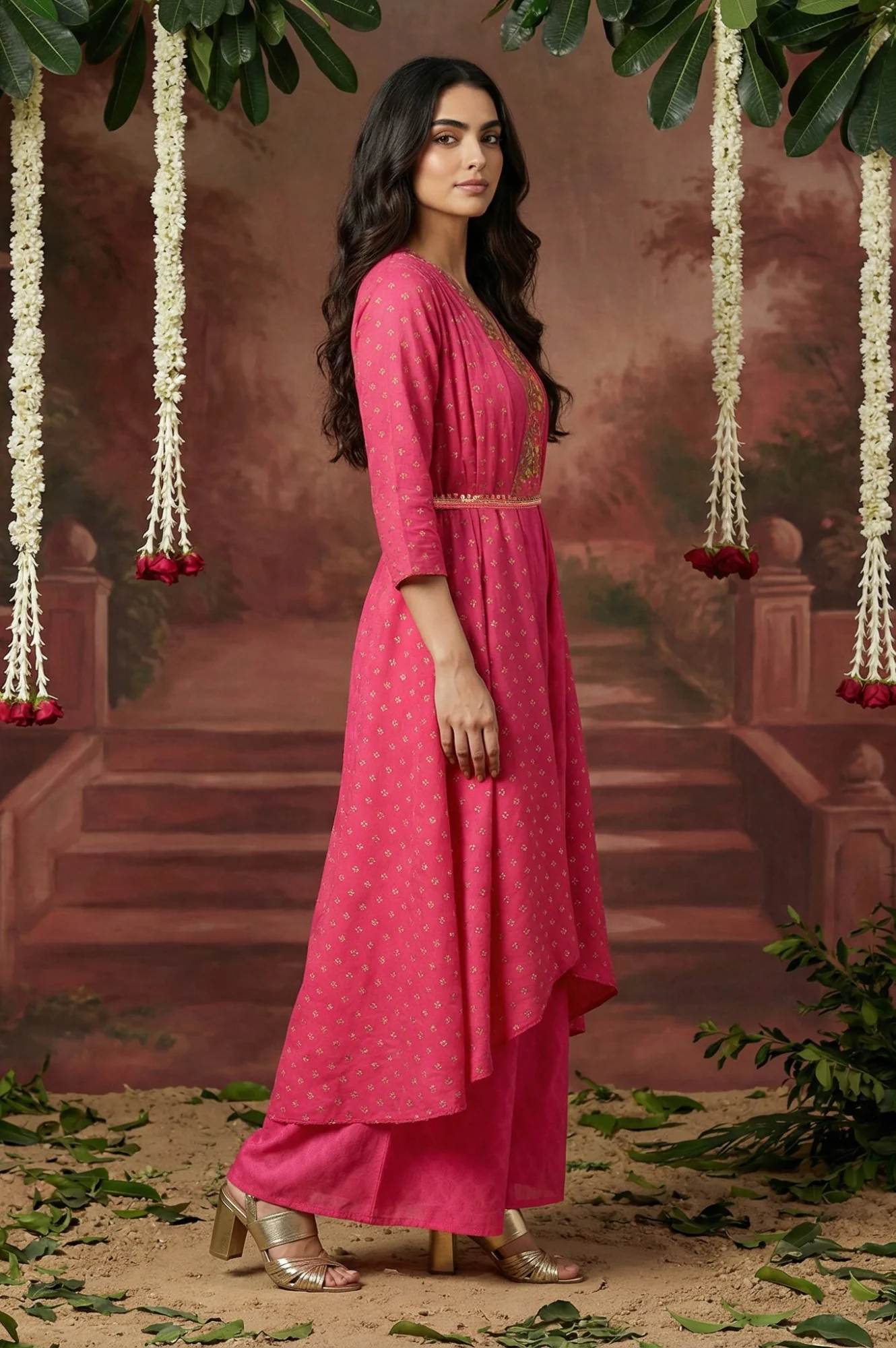 Pink Printed Draped Jumpsuit With Embroidered Belt - Image 5