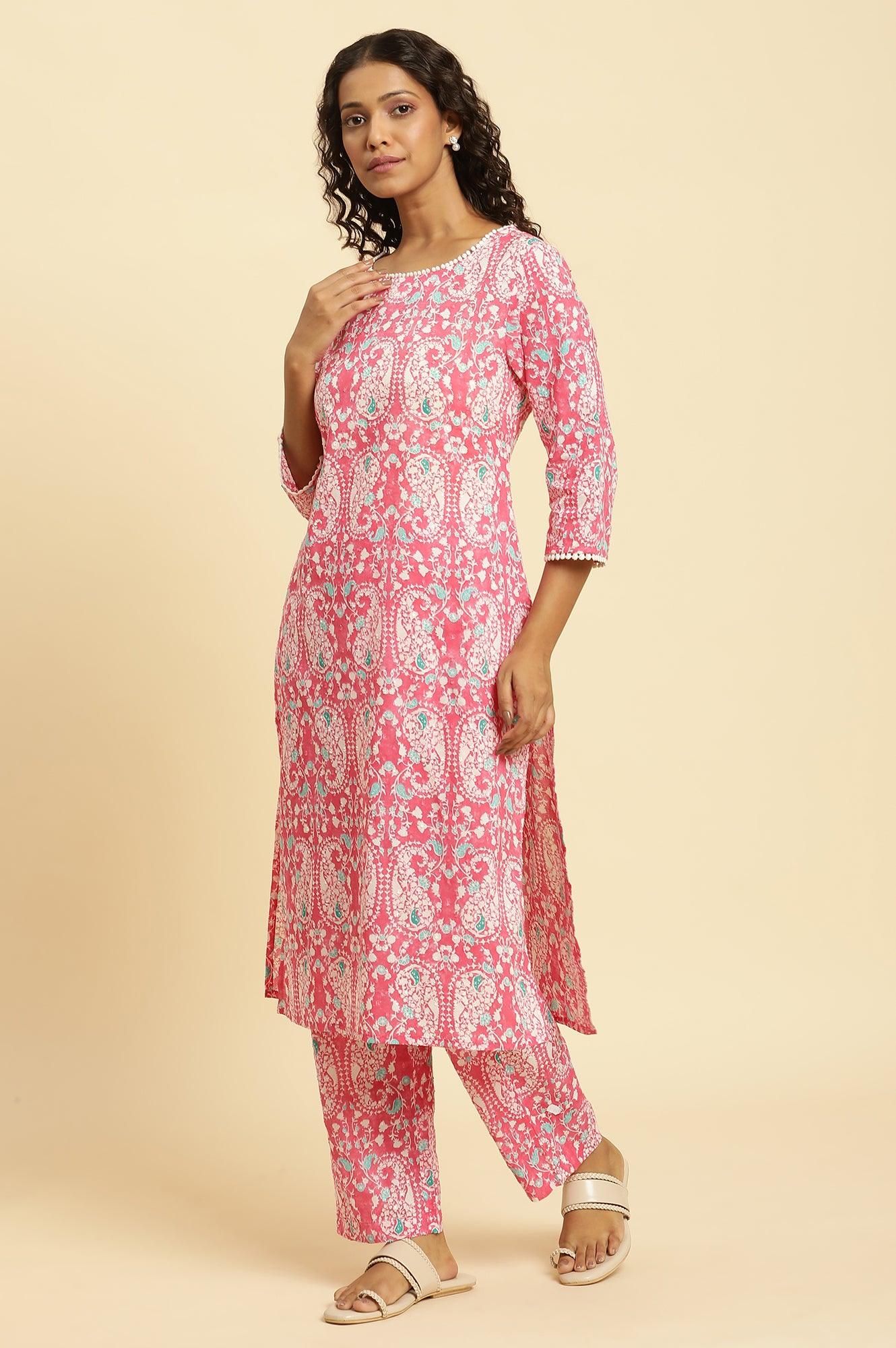 Pink Printed Straight Kurta And Pants Co-Ord Set - Image 3