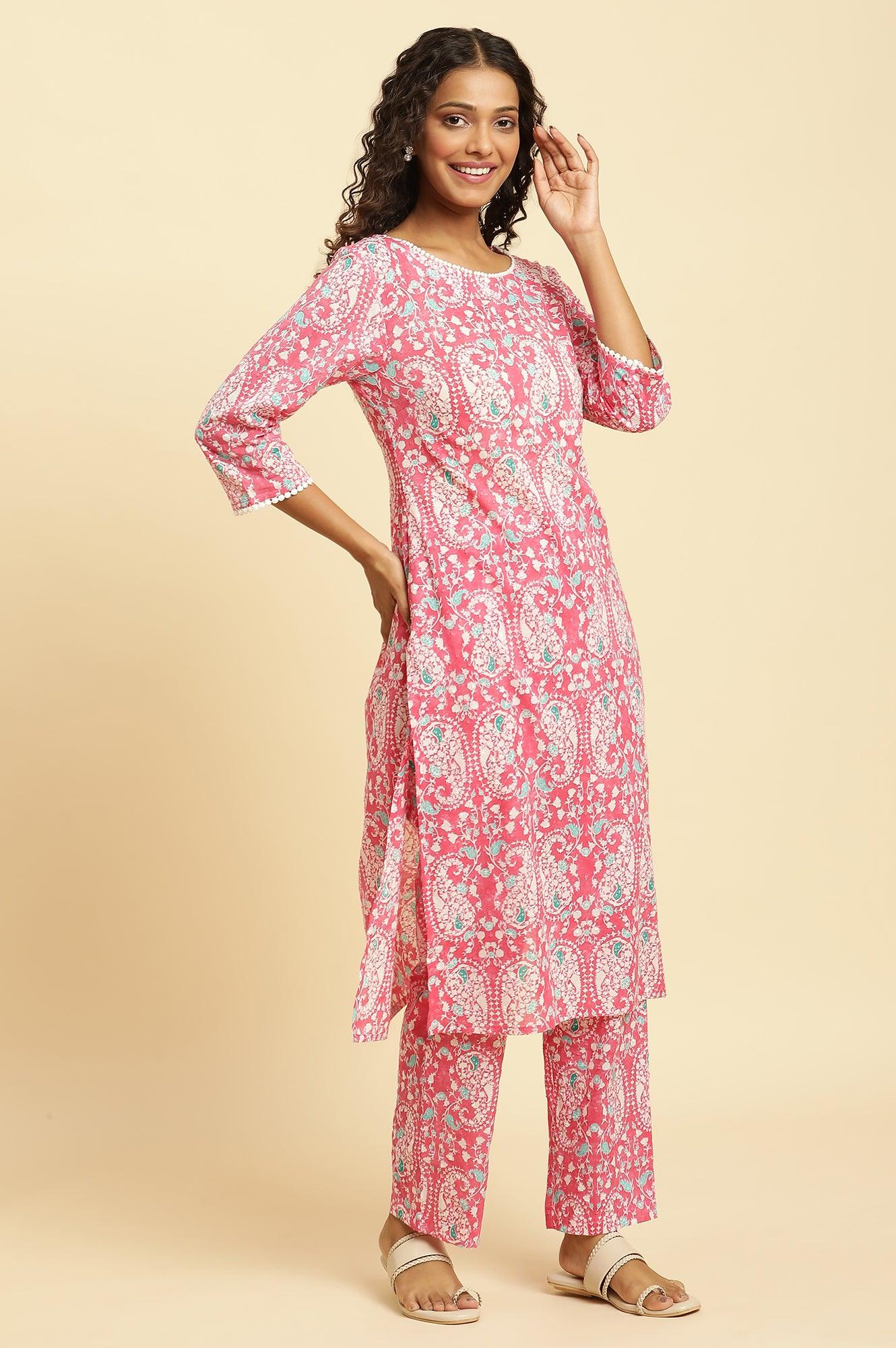 Pink Printed Straight Kurta And Pants Co-Ord Set - Image 5