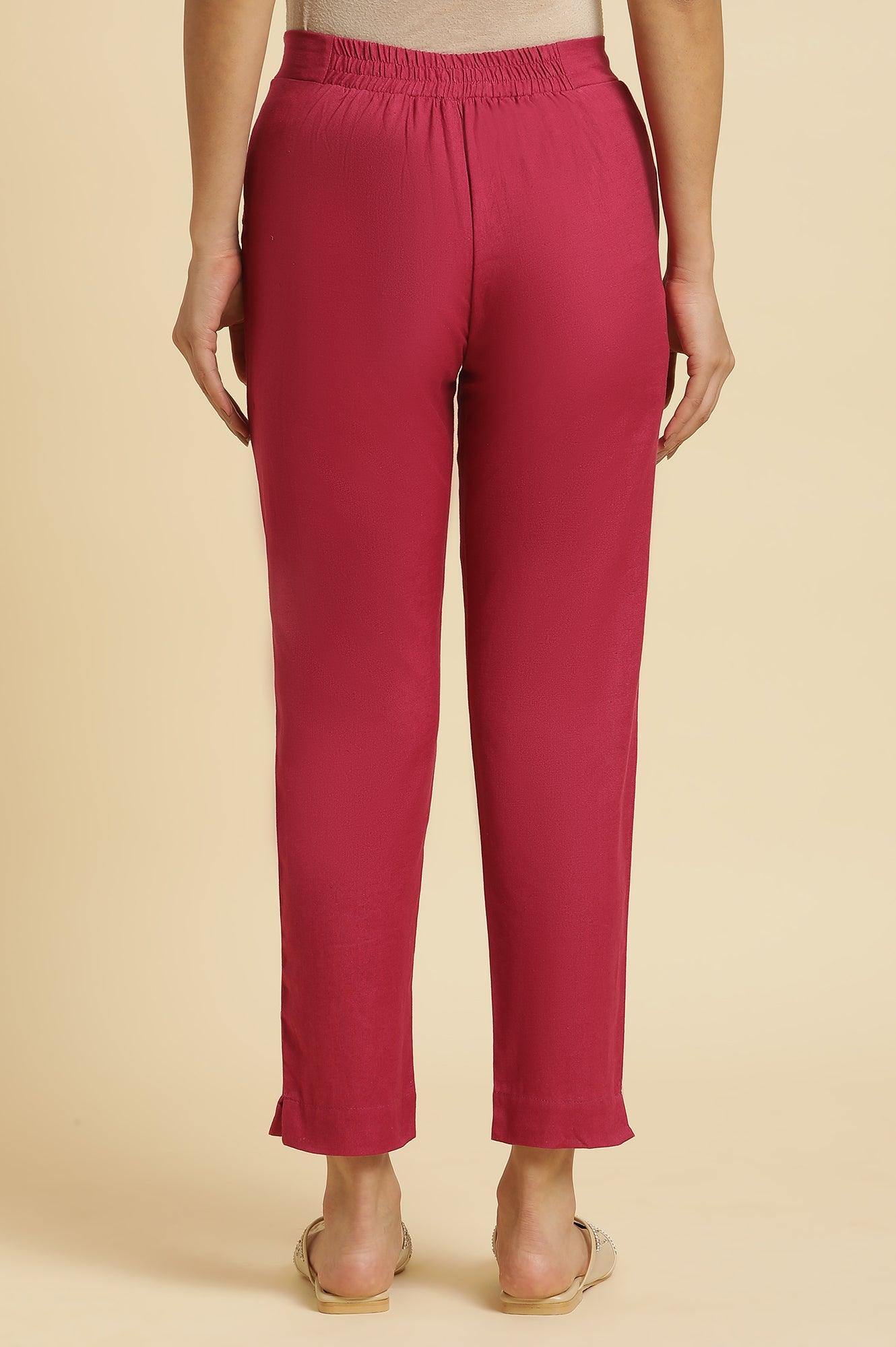 Pink Solid Cotton Flax Slim Pants - Image 3