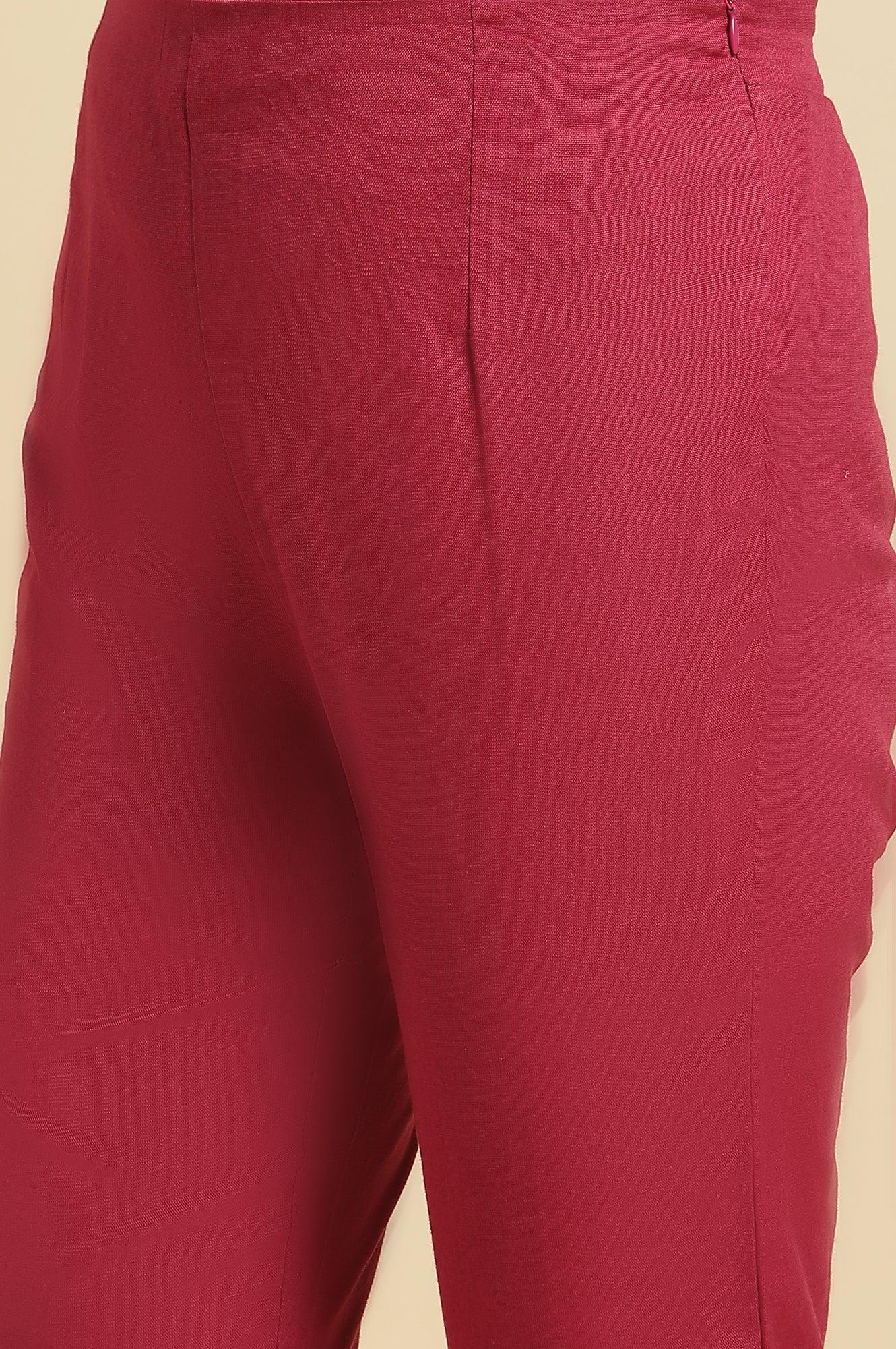 Pink Solid Cotton Flax Slim Pants - Image 7