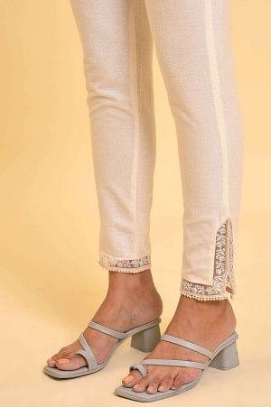 Plus Size Ecru Solid Slim Pants With Lace On Hem - Image 8