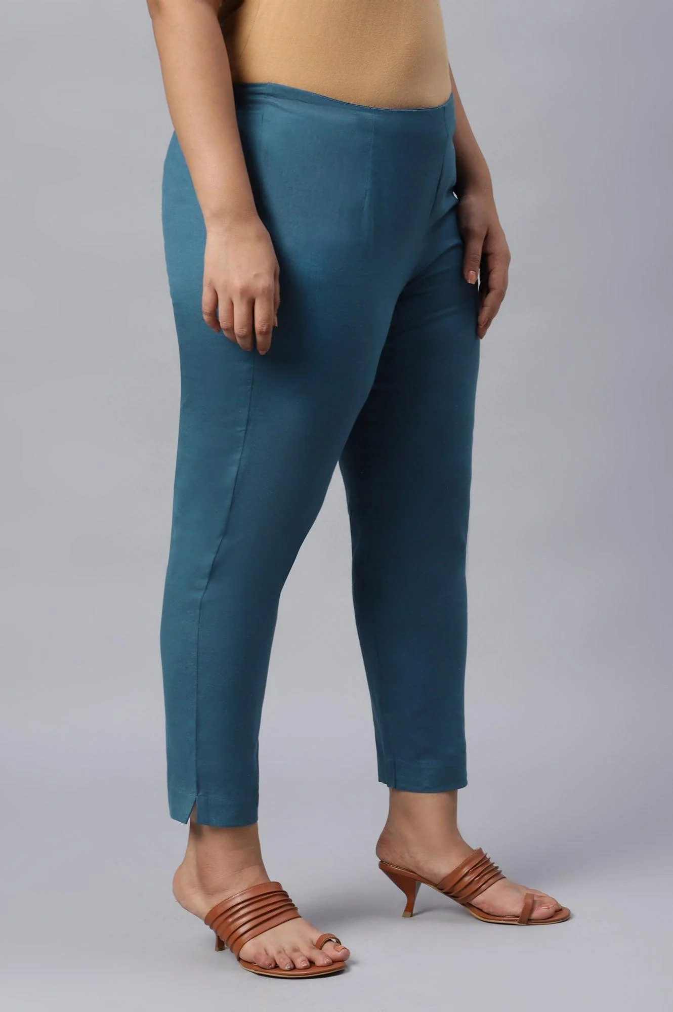 Plus Size Teal Blue Cotton Blend Slim Pants - Image 4