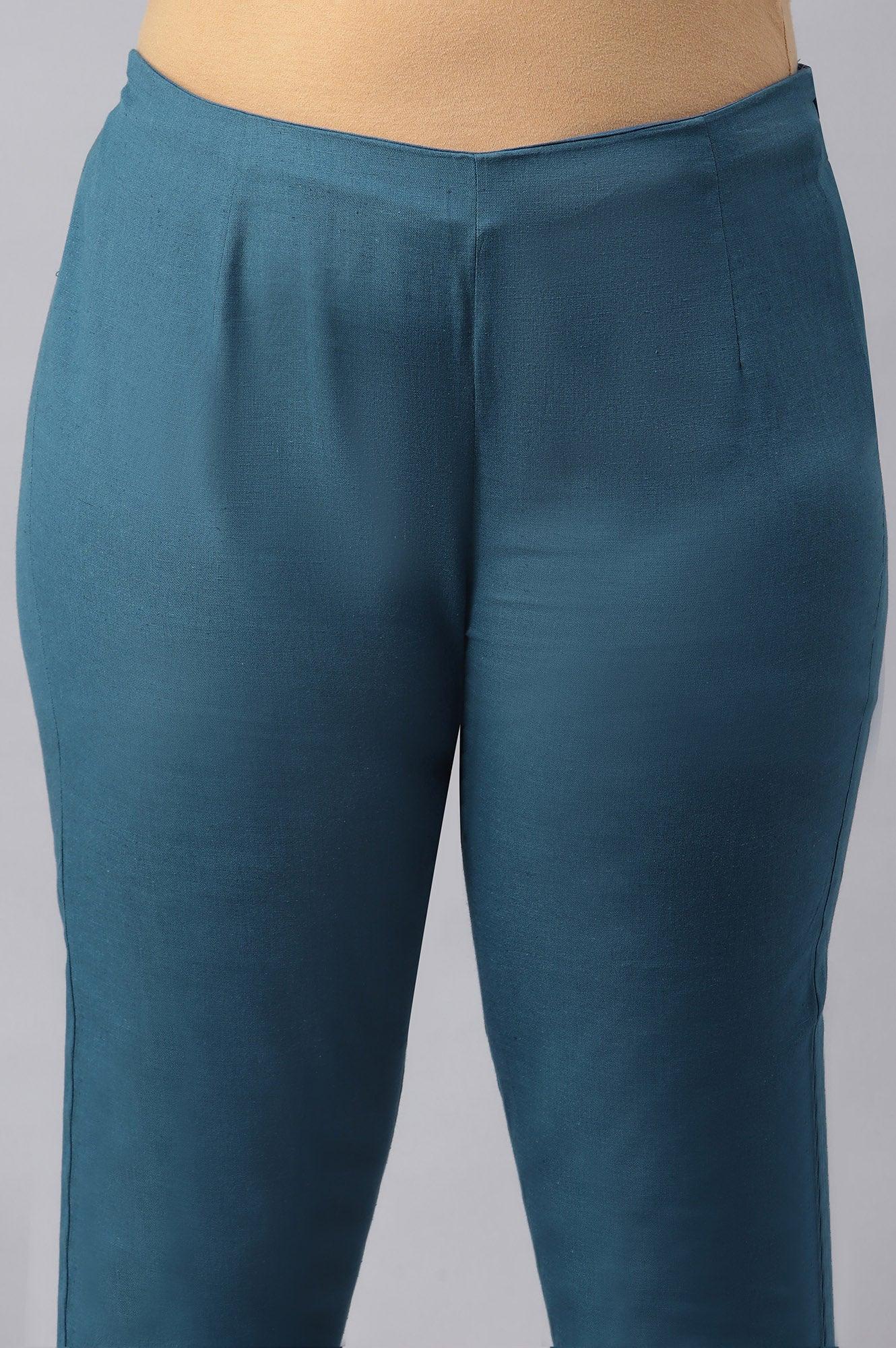 Plus Size Teal Blue Cotton Blend Slim Pants - Image 6