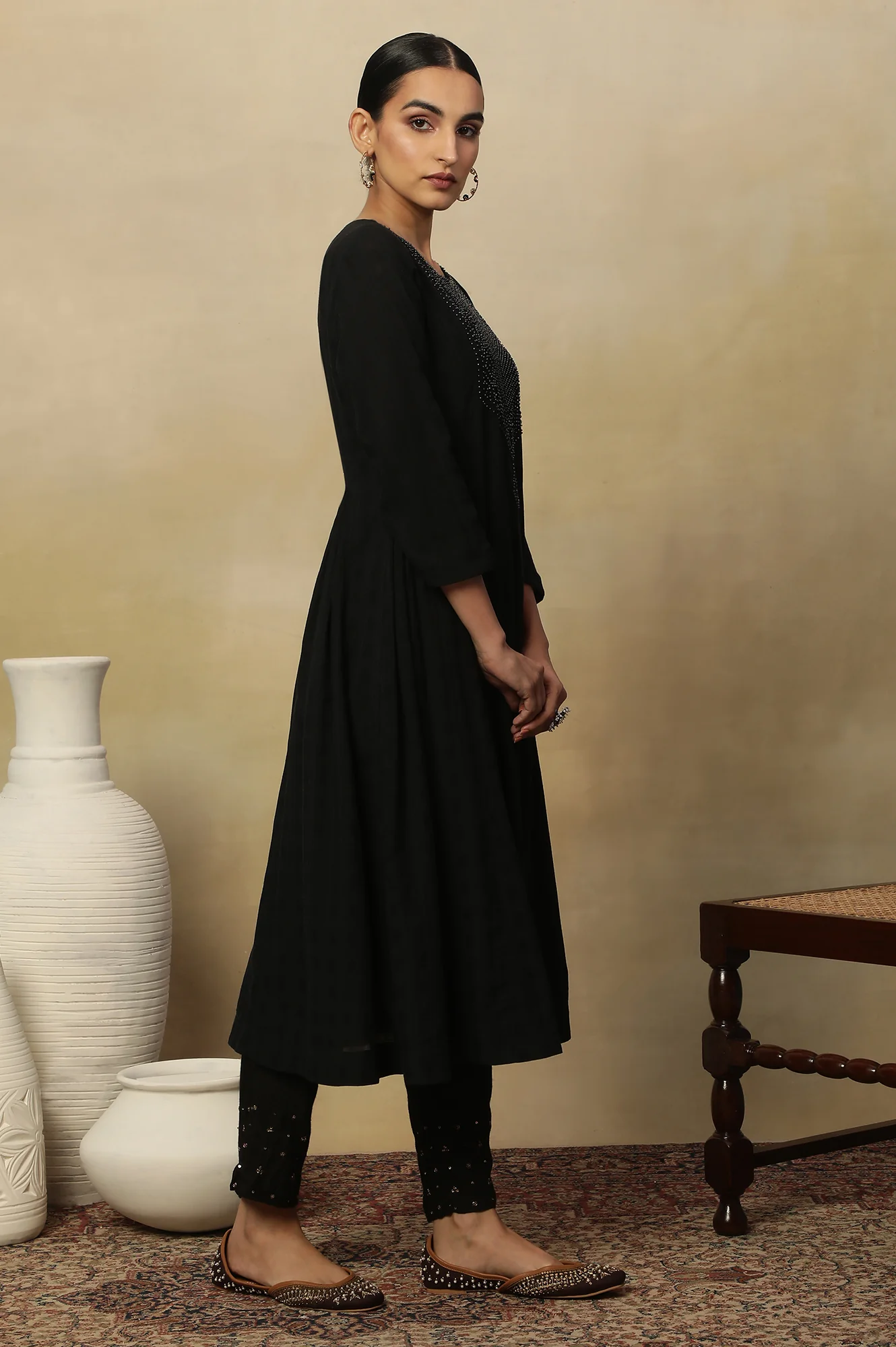 Black Beadwork Embroidery Kurta In Textured Cotton - Image 5
