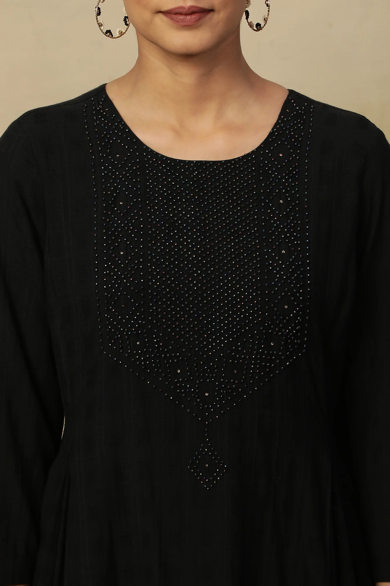 Black Beadwork Embroidery Kurta In Textured Cotton - Image 7
