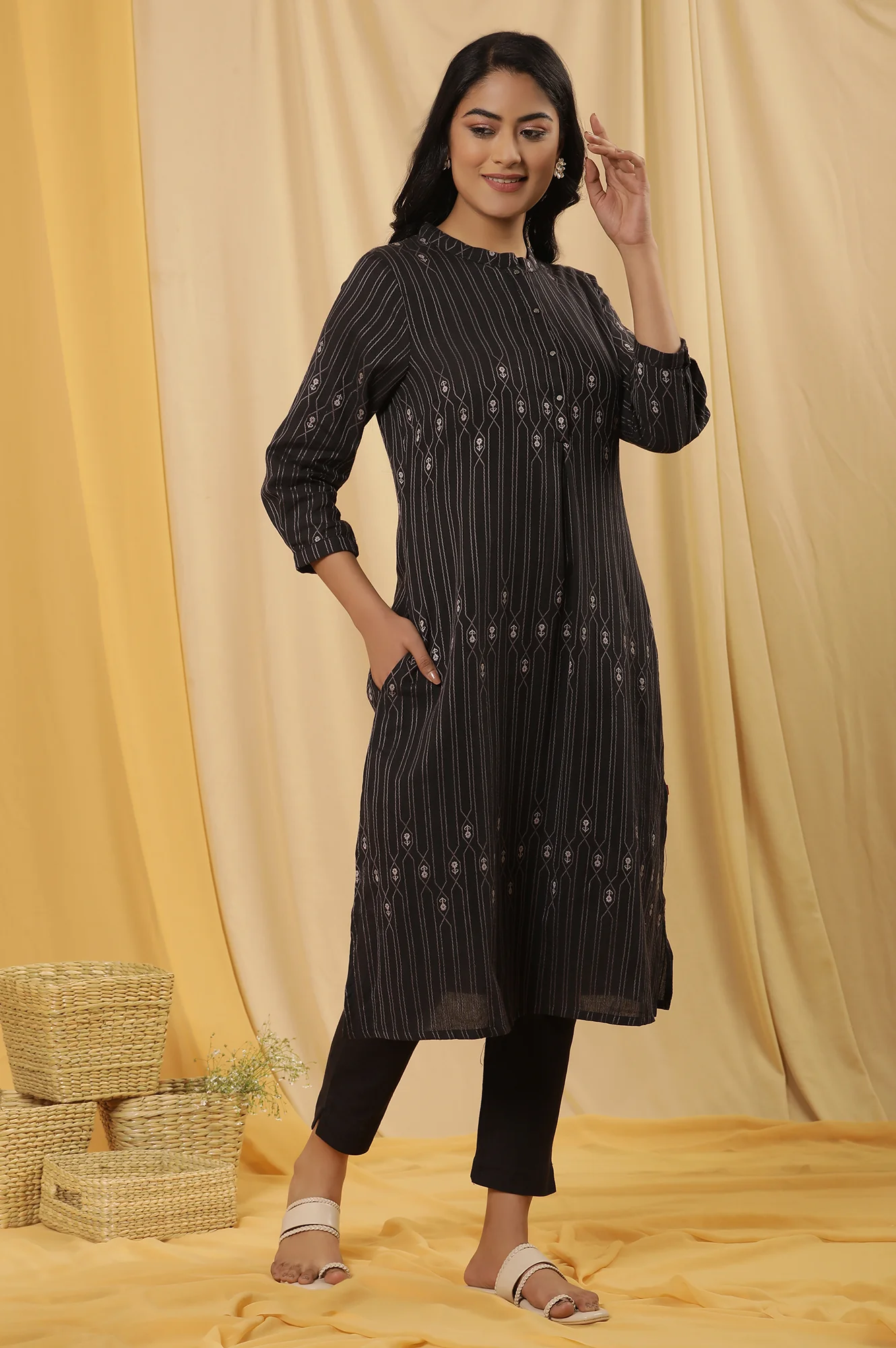 Black Printed Kurta And Trousers Set - Image 5