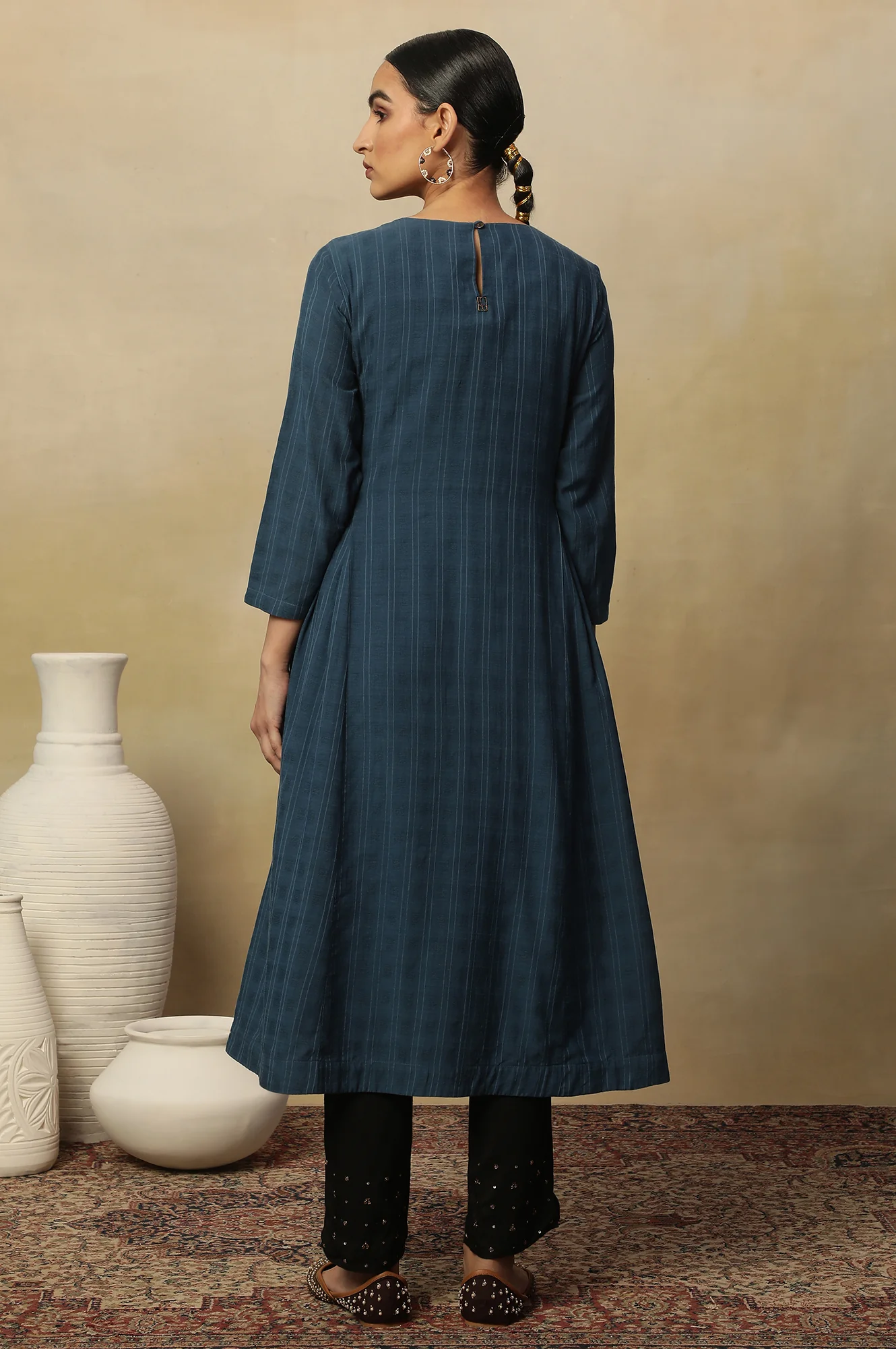 Blue Beadwork Embroidered Kurta In Textured Cotton - Image 4