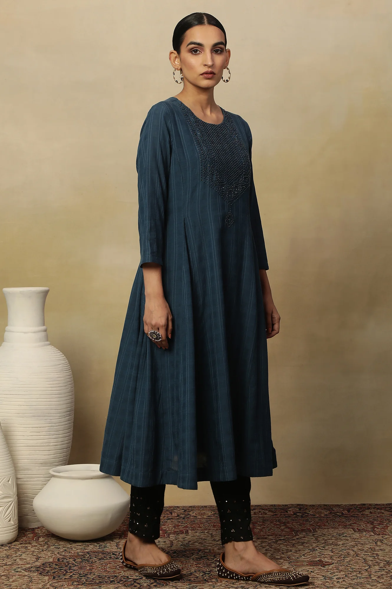 Blue Beadwork Embroidered Kurta In Textured Cotton - Image 5