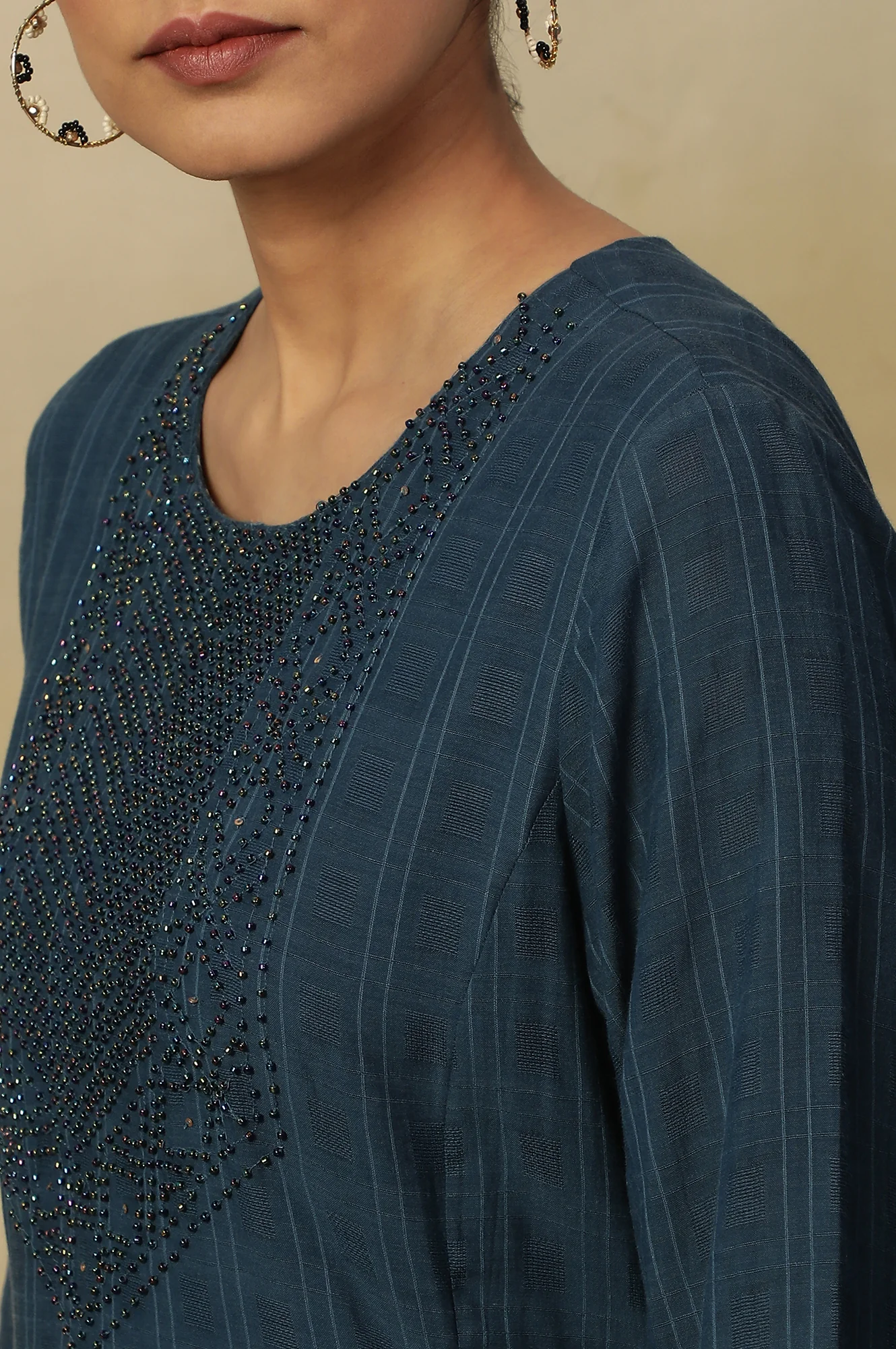 Blue Beadwork Embroidered Kurta In Textured Cotton - Image 8