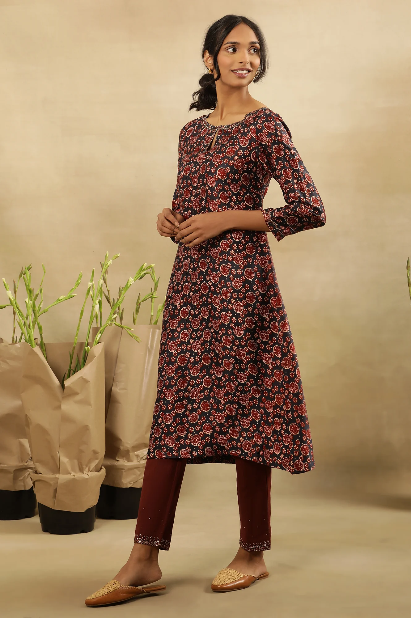 Blue & Red Printed Kurta In Lustrous Satin - Image 3