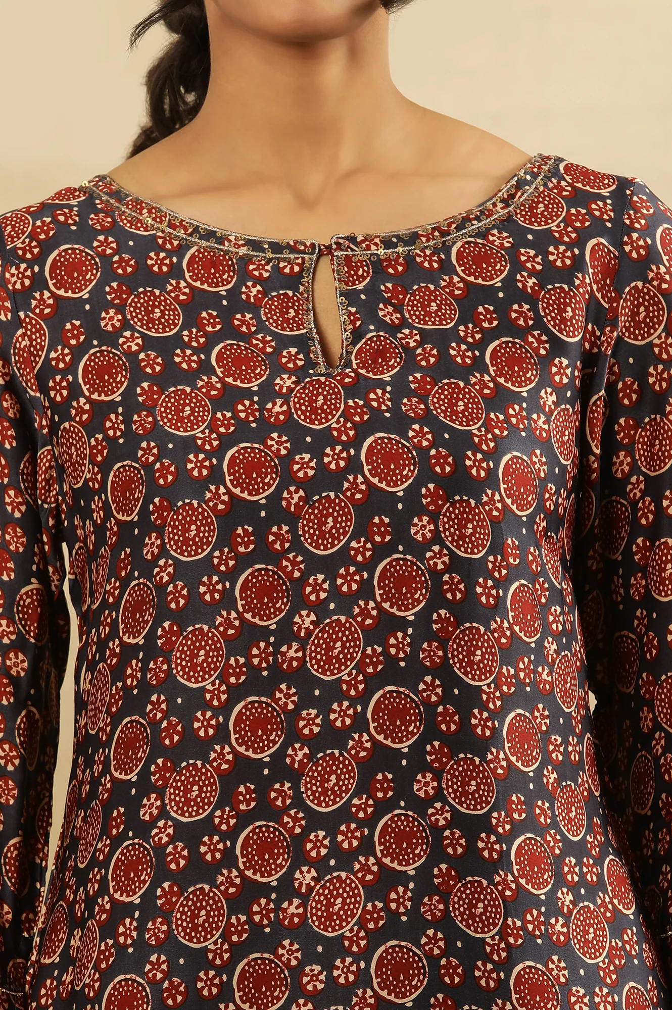 Blue & Red Printed Kurta In Lustrous Satin - Image 6