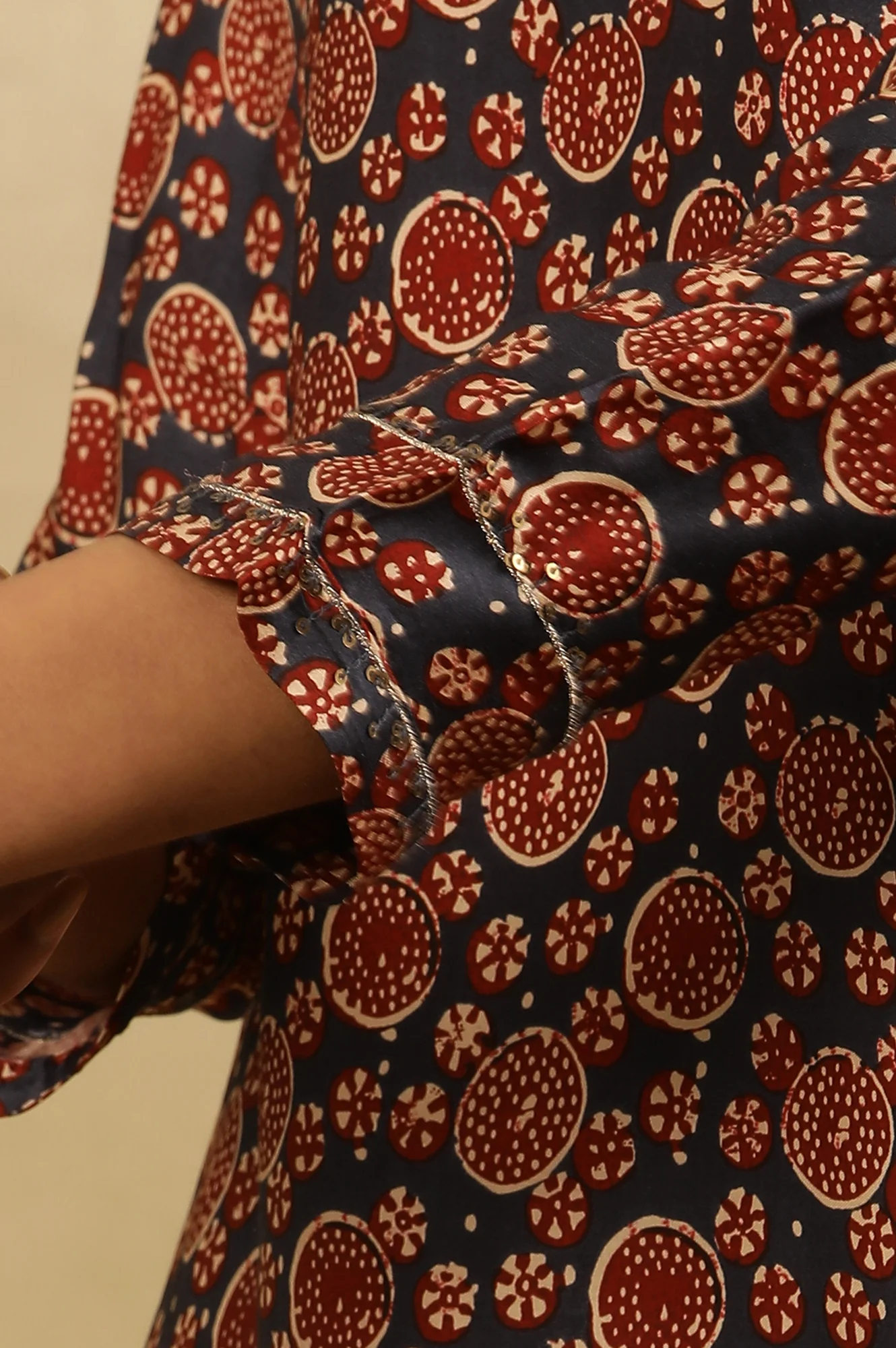 Blue & Red Printed Kurta In Lustrous Satin - Image 7