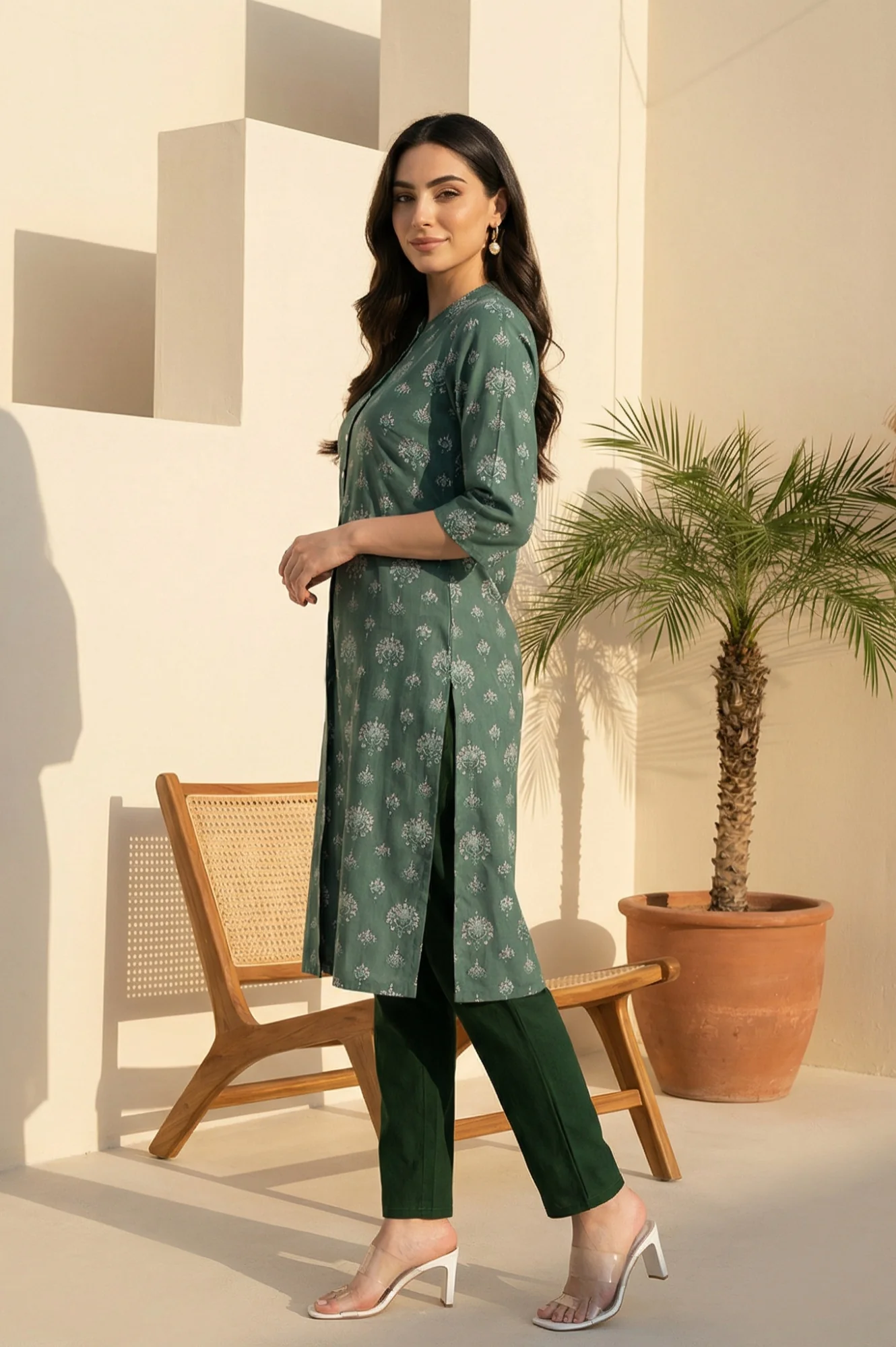 Green Floral Printed Rayon Straight Kurta - Image 3