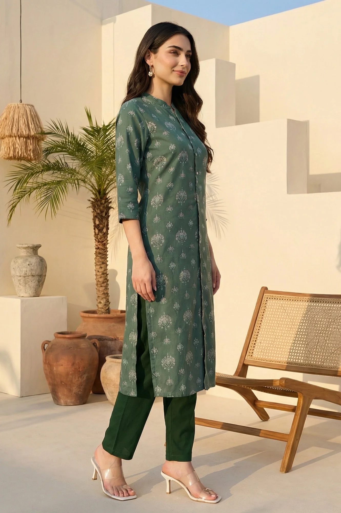 Green Floral Printed Rayon Straight Kurta - Image 5