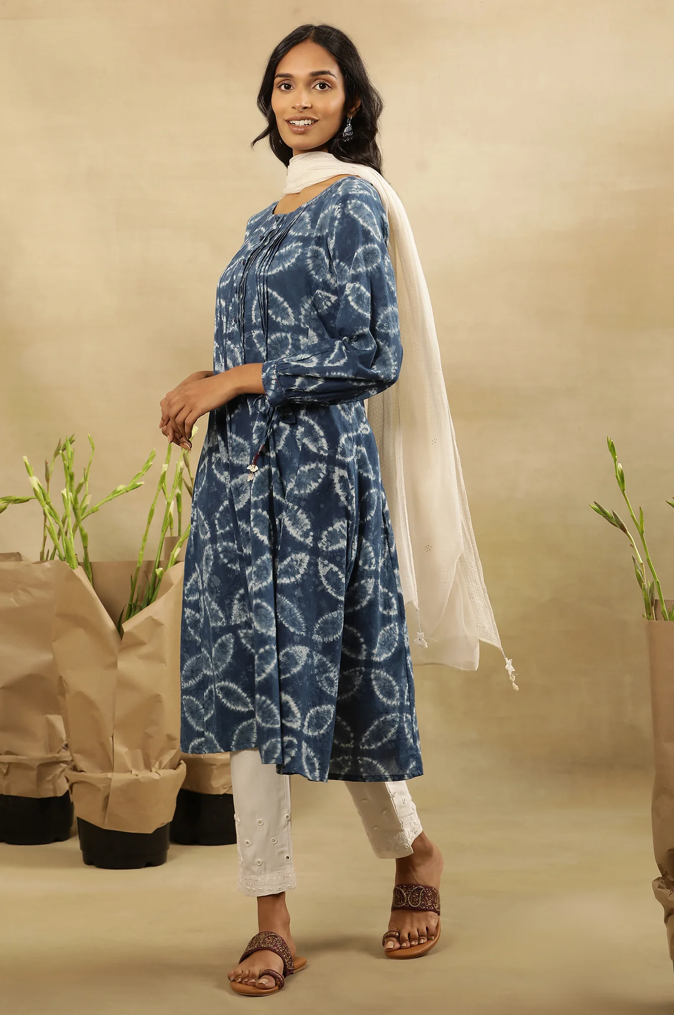 Indigo Shibori Pleated Flared Dress  In Cotton Voile - Image 6