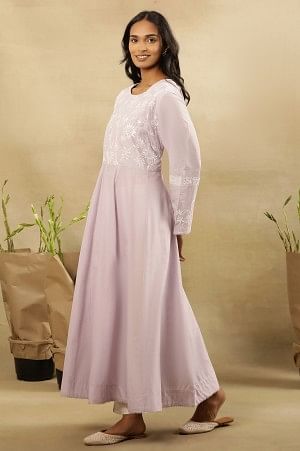 Lilac Chikankari Anarkali Kurta  In Cotton Voile - Image 3