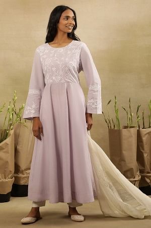 Lilac Chikankari Anarkali Kurta  In Cotton Voile - Image 6