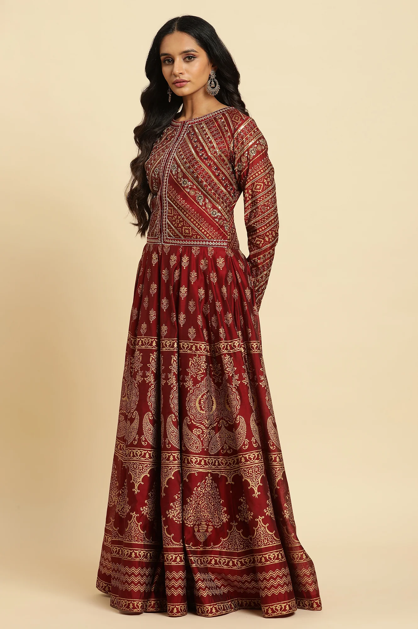 Maroon Printed Chanderi Anarkali Dress and Dupatta Set - Image 3