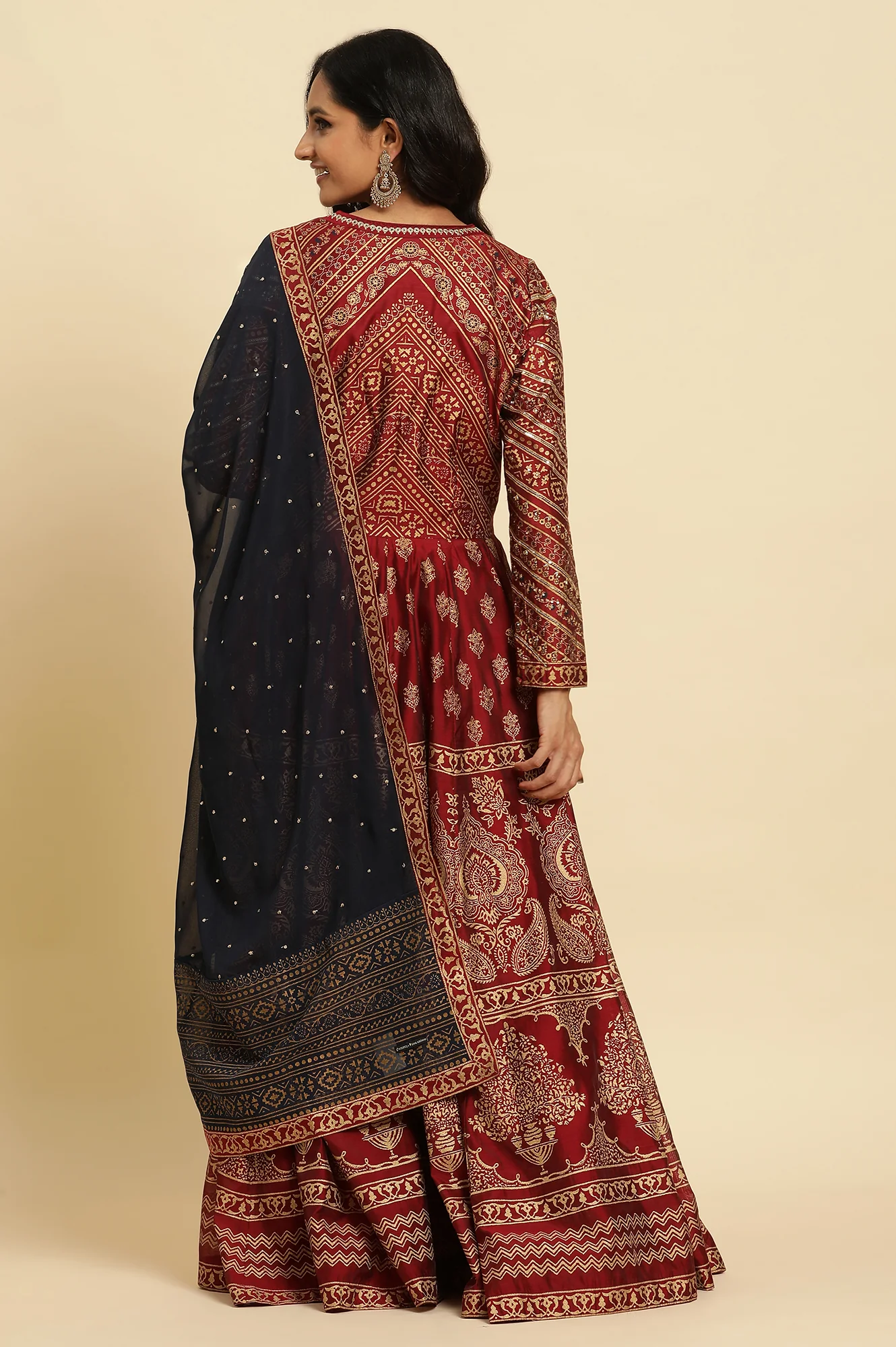 Maroon Printed Chanderi Anarkali Dress and Dupatta Set - Image 4
