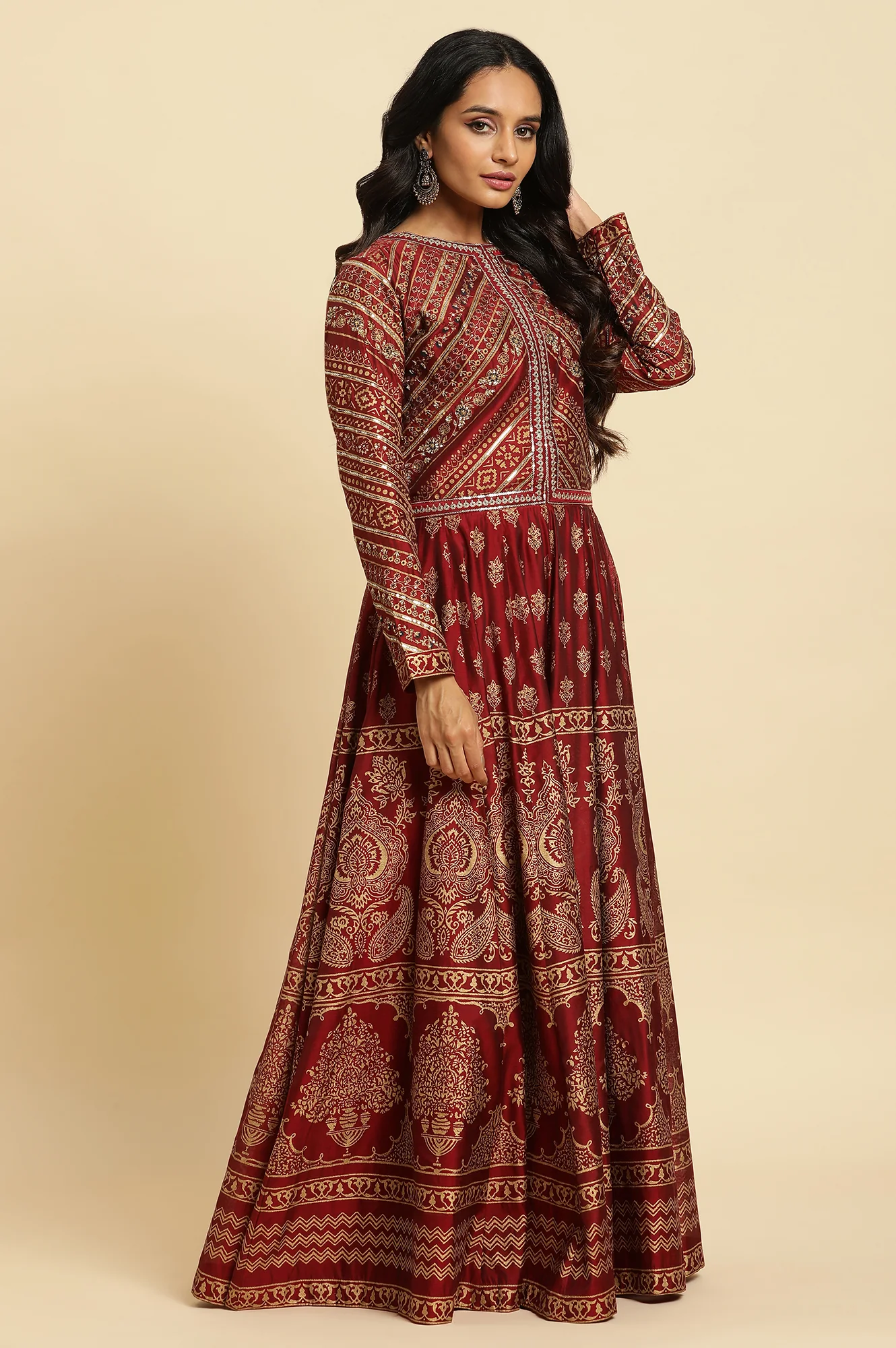 Maroon Printed Chanderi Anarkali Dress and Dupatta Set - Image 5